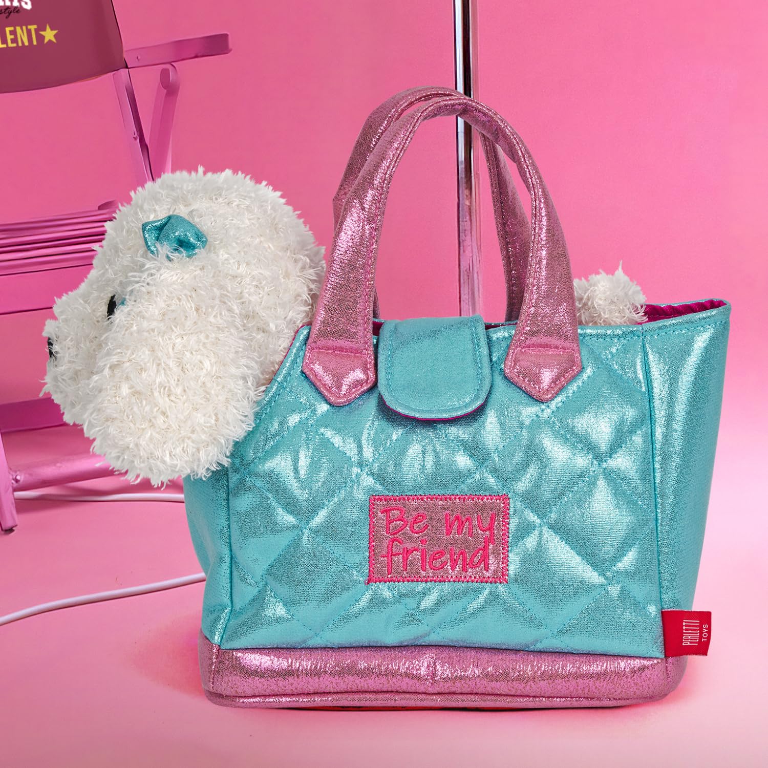 PERLETTI Sac à Main Fille 3 4 5 6 Ans avec Peluche Amovible - Sac Transport avec Animal Doux Caniche ou Chat - Sacoche pour Enfants Petite Fillette École Maternelle
