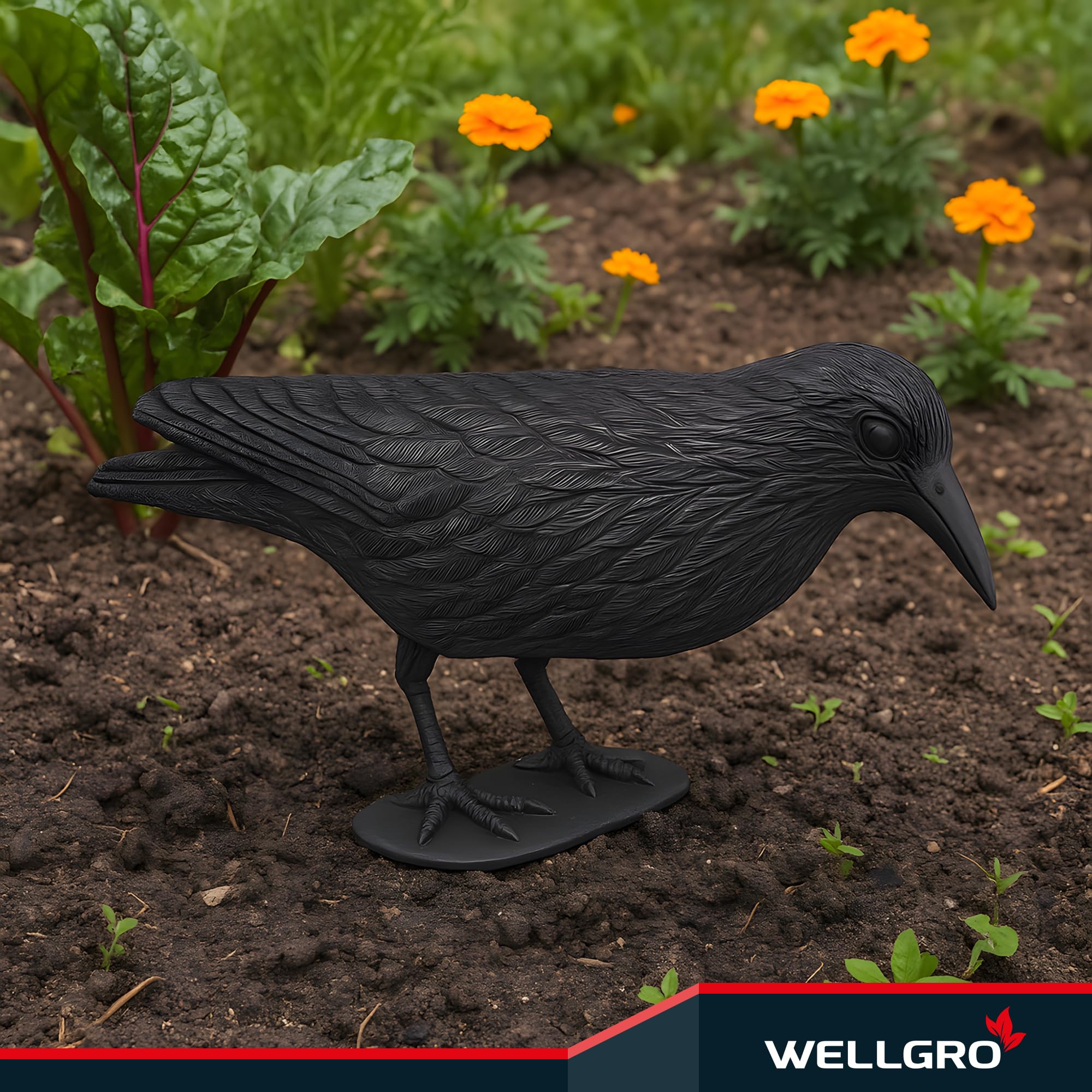 WELLGRO 4 X Uccello Schreck, Corvo Seduto di Plastica, Nero