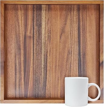YIFAN Walnut Wooden Ottoman Tray with Handles, 20 x 20 Inch Square Coffee Table Serving Tray for Breakfast in Bed, Rustic Wood Tray for Living Room Decor