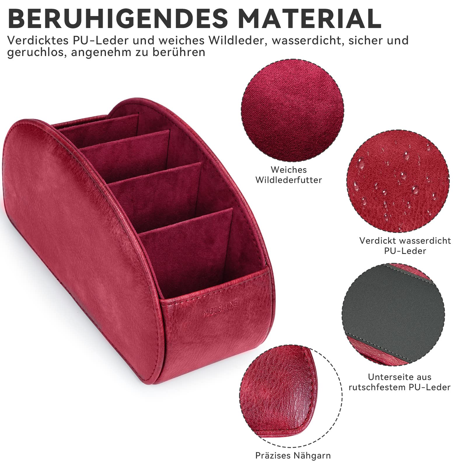 MOLSHINE Uchwyt na pilota z 5 przegródkami, Pu Leather Organizacja biurowa Pudełko do przechowywania Caddy Box na pilota do telewizora,kontrolery ogrzewania,materiały biurowe (Ciemno Czerwony)