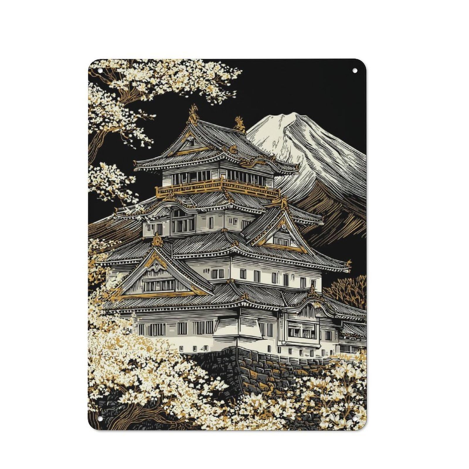 Junmoney Japanese Castle With Mount Fuji Metal Wall Sign 40X30cm Featuring For Bar Or Restaurant, For Bar Decor Enthusiasts