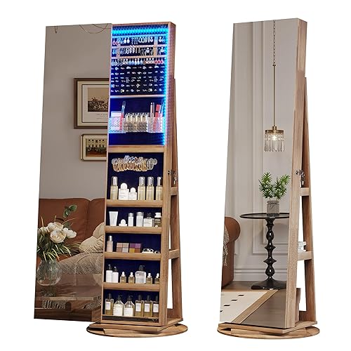 LVSOMT 360 Swivel Jewelry Mirror Cabinet with Lights, Standing Jewelry Armoire Organizer, 63" Stand Up Full Length Mirror with Jewelry Storage, Lockable with Back Storage Shelve - Wood with Interior Lighting