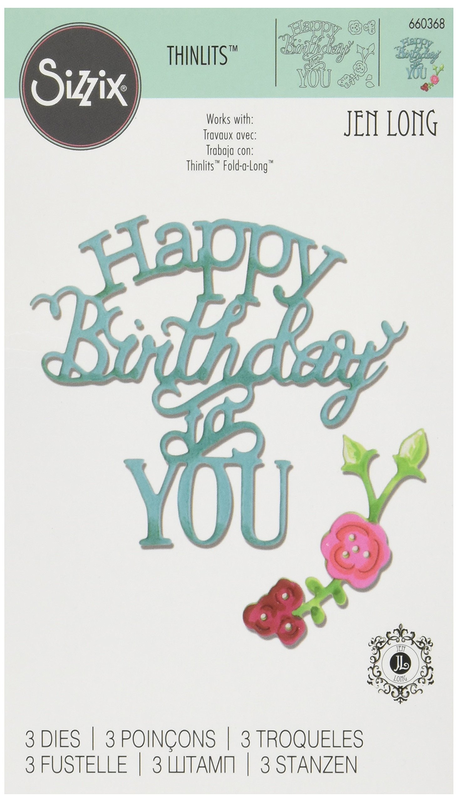 Sizzix Thinlits 660368 - Set Di 3 Fustelle Per Big Shot, Frase "Happy Birthday To You" Di Jen Long, Multicolore - 4