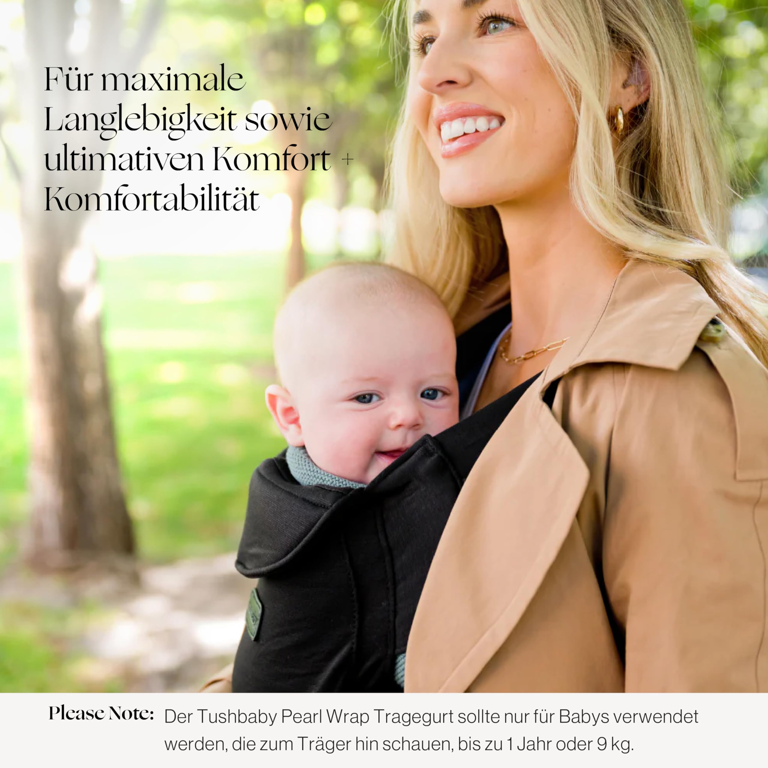 Tushbaby Pearl Babytrage für Neugeborene ab Geburt, 3,6-9 kg, Schwarz | Ergonomische Trage für Baby und Neugeborenes mit Stauraum, Flaschenhalter und Tuchbefestigung, verstellbare Gurte