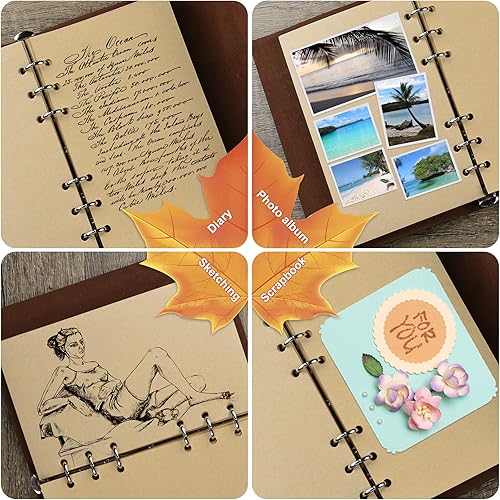 Miniatura 5 de MALEDEN Cuaderno de cuero, cuaderno vintage recargable en blanco para mujeres y hombres, lindo cuaderno de bocetos con papel sin forro para bocetos,