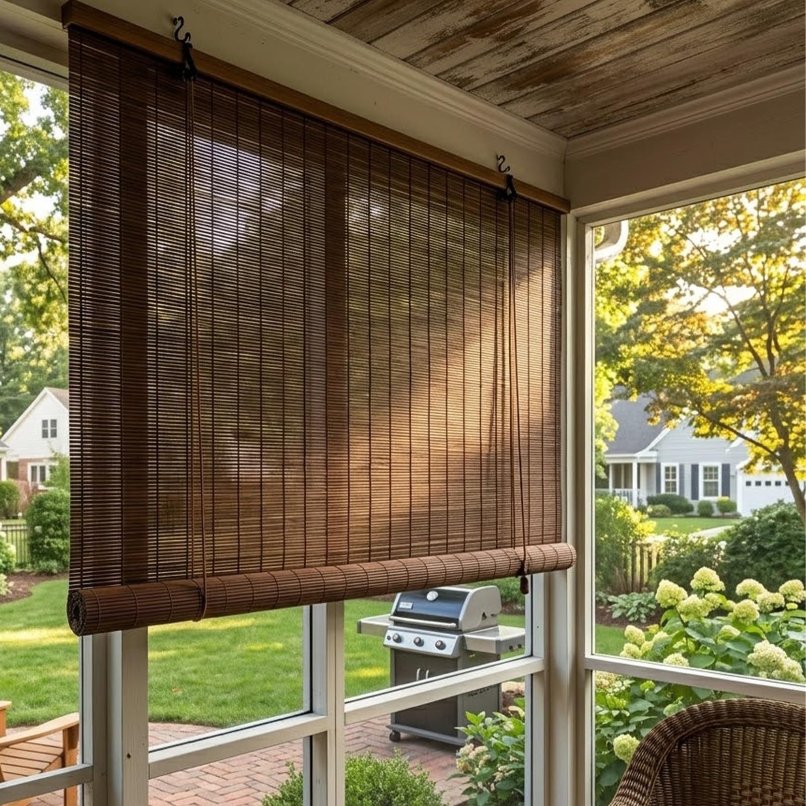 Store bambou extérieur brise-vue et rideau tamisant rétro en bois pour balcon et terrasse