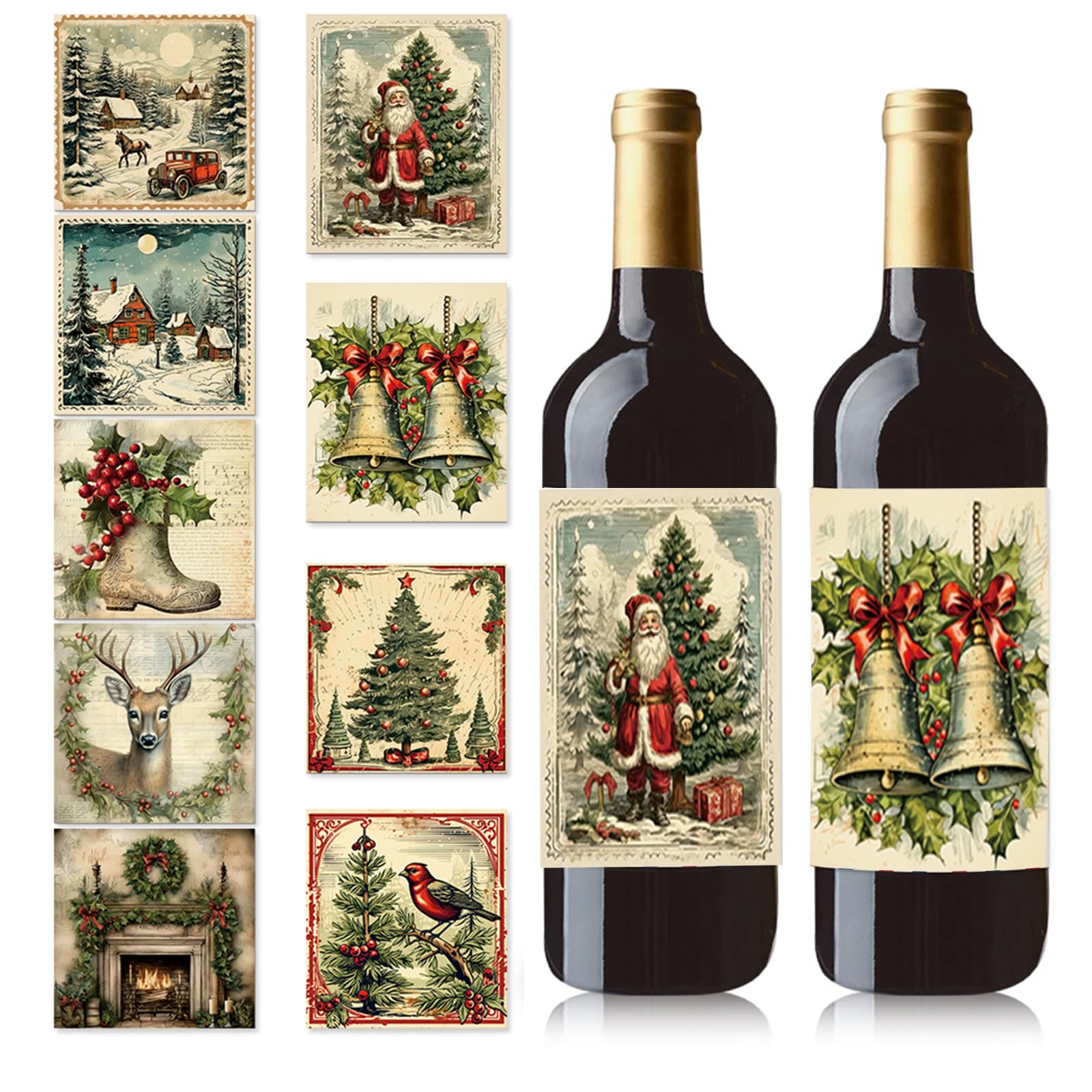 9pcsVintage Christmas Themed Sticker Labels for Winter Holiday Wine Bottle Labels Party Supply Bottle Decoration