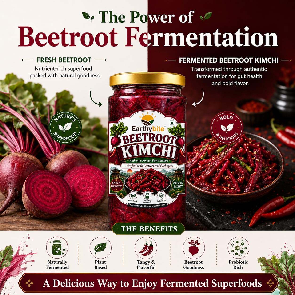 Earthy Bite Beetroot Kimchi 250g | Korean Style Fermented Kimchi | Made with Beetroot & Gochugaru | Probiotic Rich | Plant Based | No Preservatives | Ready to Eat 4