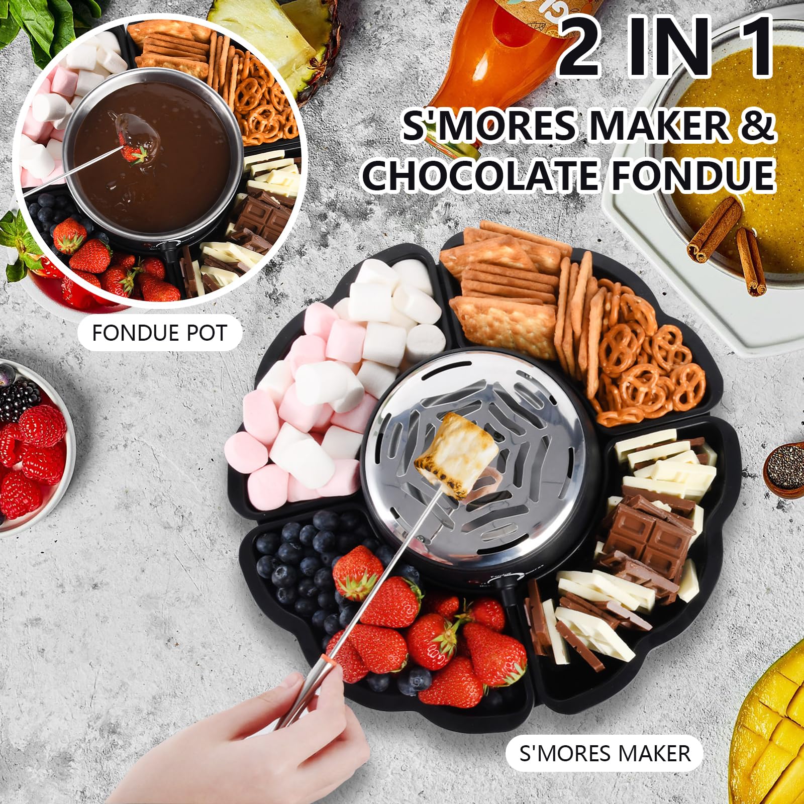 12-teiliges Schokoladenfondue mit Obst- & Kekstablett, 2-in-1 S’Mores- und Schokolade Hot Pot Set, elektrischer Marshmallow-Röster mit Temperaturregelung, perfekt für Partys & Familienfeiern