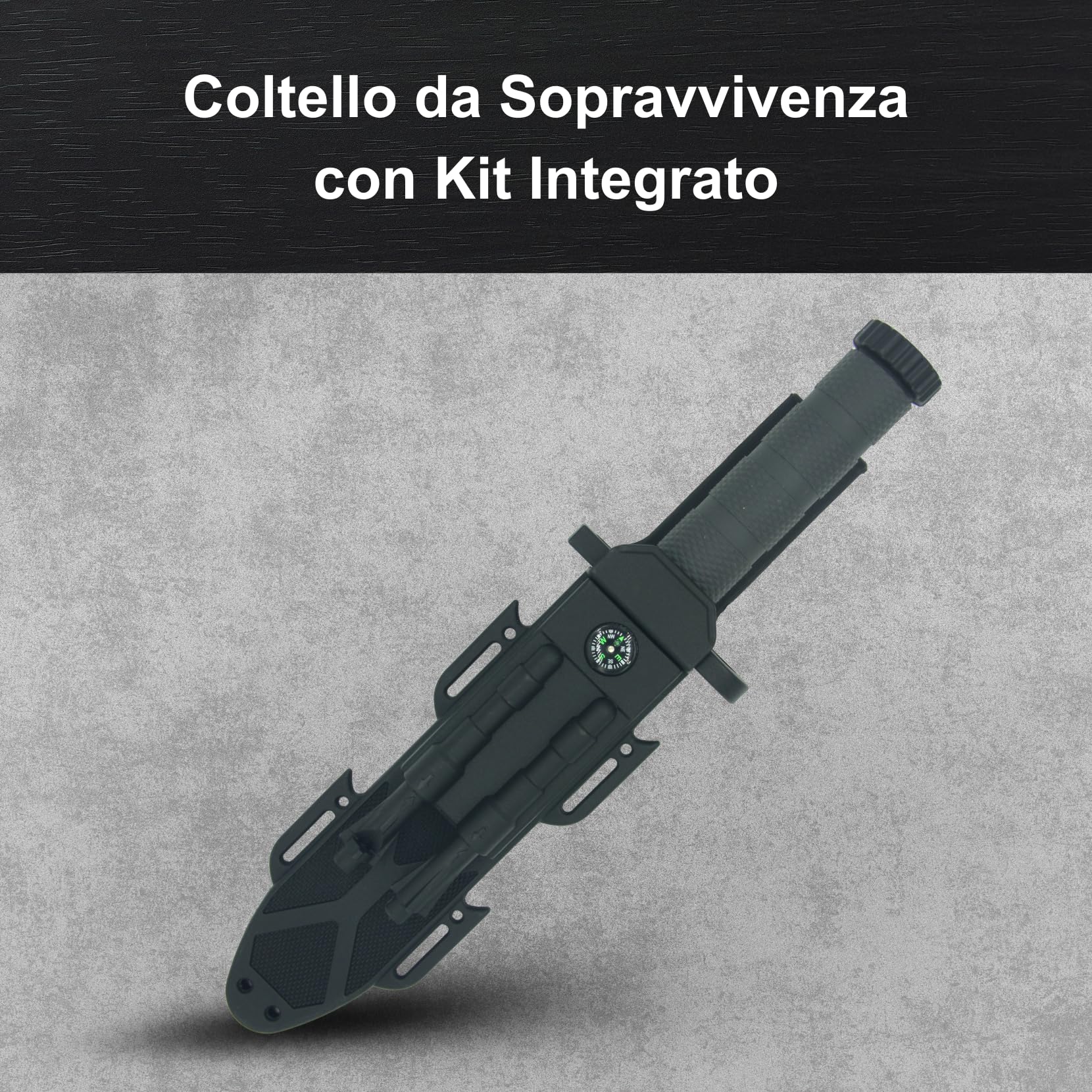 Generico Coltello Sopravvivenza con Lama da 19 cm in Acciaio Inossidabile, Manico Grigio e Fodero in ABS, Accendifuoco, Fischietto e Pietra per Affilare – Ideale per Campeggio, Caccia e Bushcraft