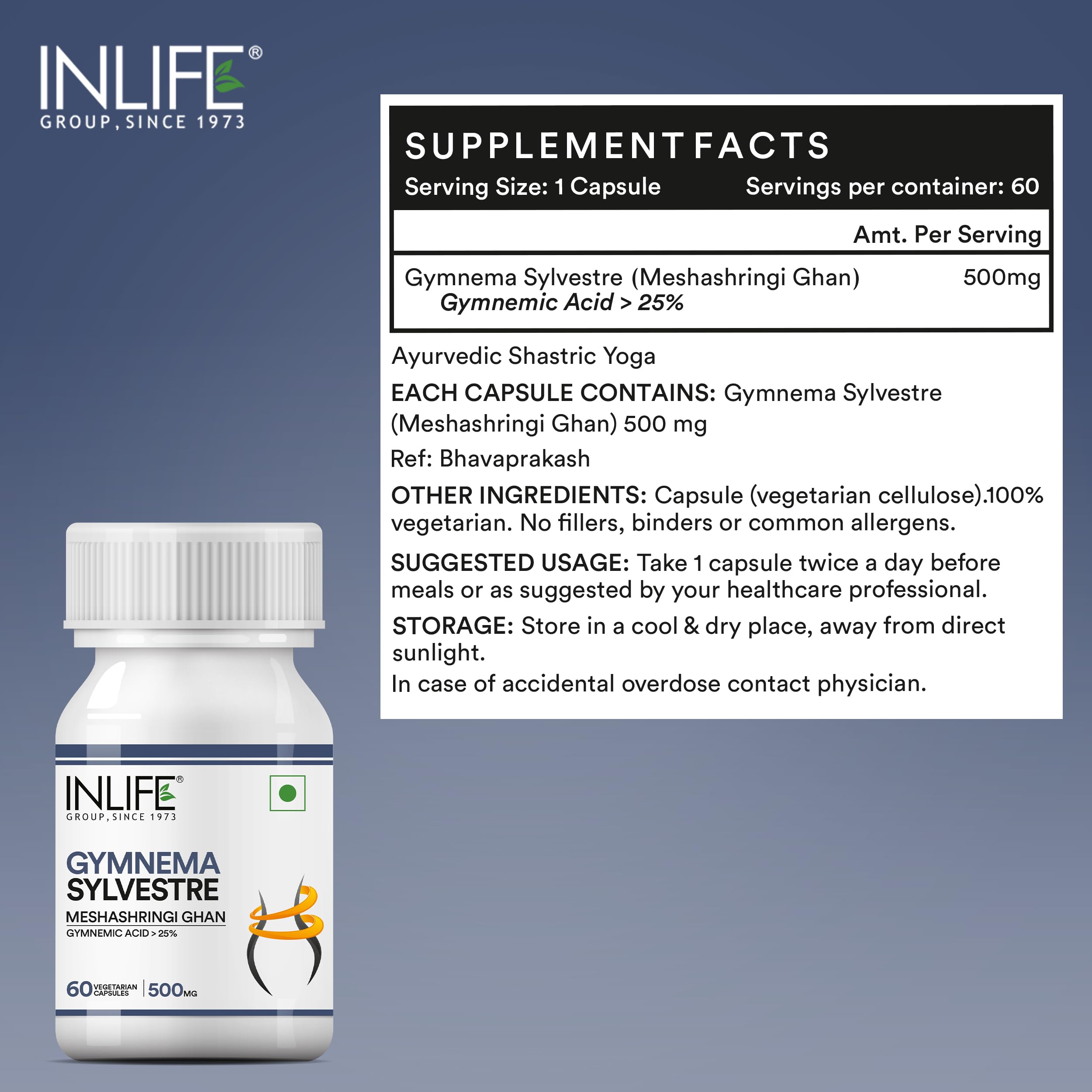 INLIFE Gymnema Sylvestre Capsules 500mg | Ayurvedic Herbal Supplement for Blood Sugar Wellbeing - 60 Vegetarian Capsules (Pack of 1, 60) - Image 2 thumbnail
