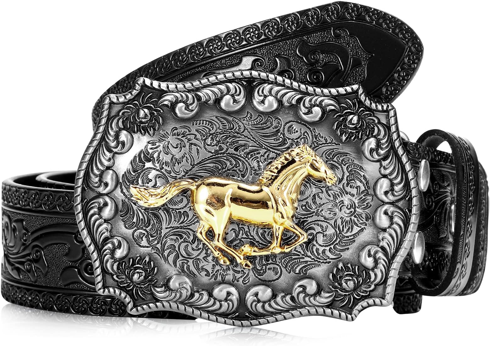 Leather Western Cowboy Belts for Men Women Cowgirl Horse Buckle Belt