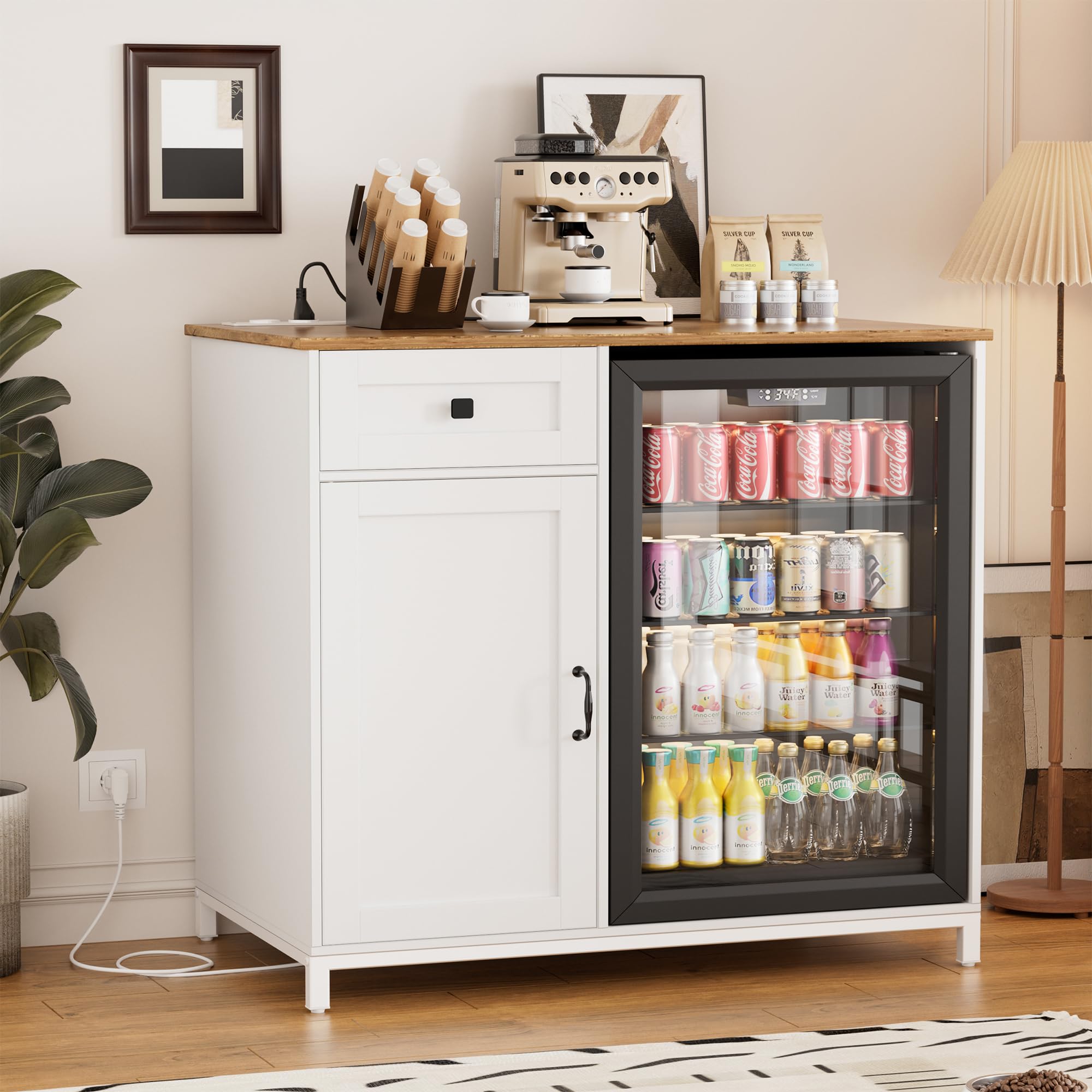 Credenza Cucina,Mobile Cucina con Presa di Corrente Porta USB,Mobiletto Portaoggetti per Mini Frigo,Buffet Moderno,Credenza Soggiorno con Cassetti e Armadi,Adatto per Hotel,Casa,Ufficio, 95x53.6x99cm