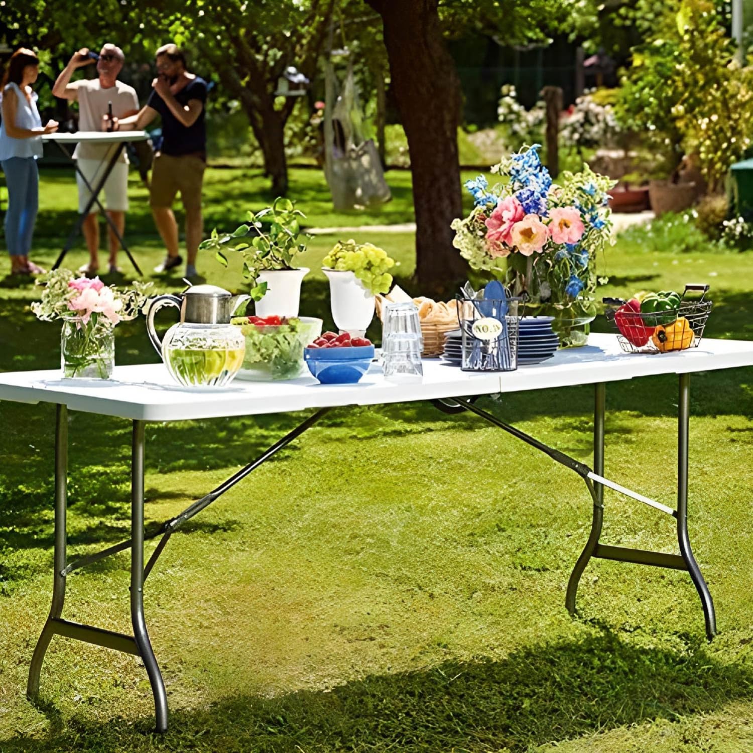 Dayron Mesa de Catering y Camping Plegable Portátil Rectangular 122cm, 150cm, 180cm, 240cm | Multiusos: Camping, Eventos en Espacios Exteriores o Interiores | Resina Blanca y Patas de Acero