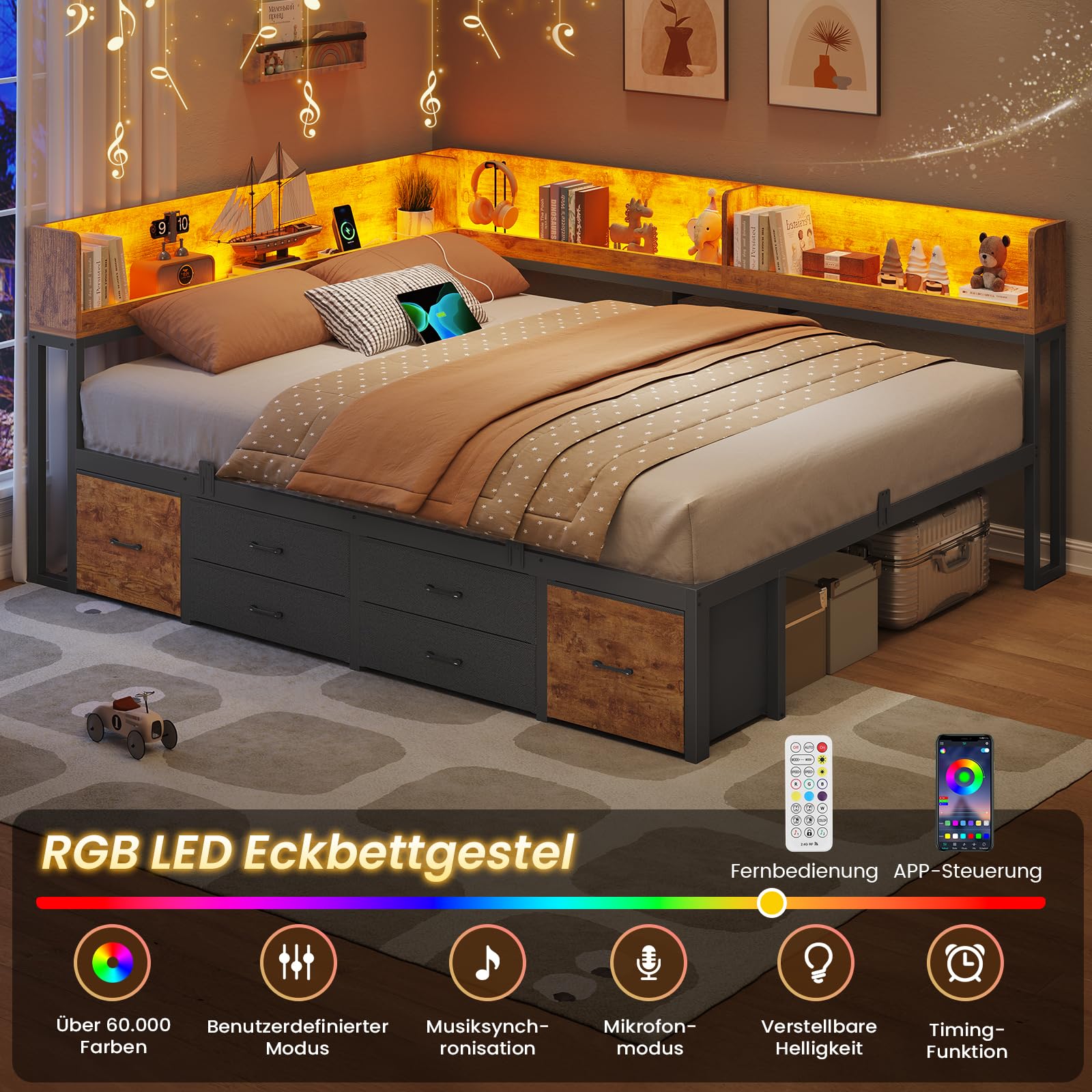 Bett 140x200 mit Stauraum Schlafsofa mit Integriertem Bücherregal & 6 Schubladen,Jugendbett mit LED-Beleuchtung & Ladestation Gästebett Tagesbett Bettgestell mit Lattenrost(Vintage Braun, 140x200cm)