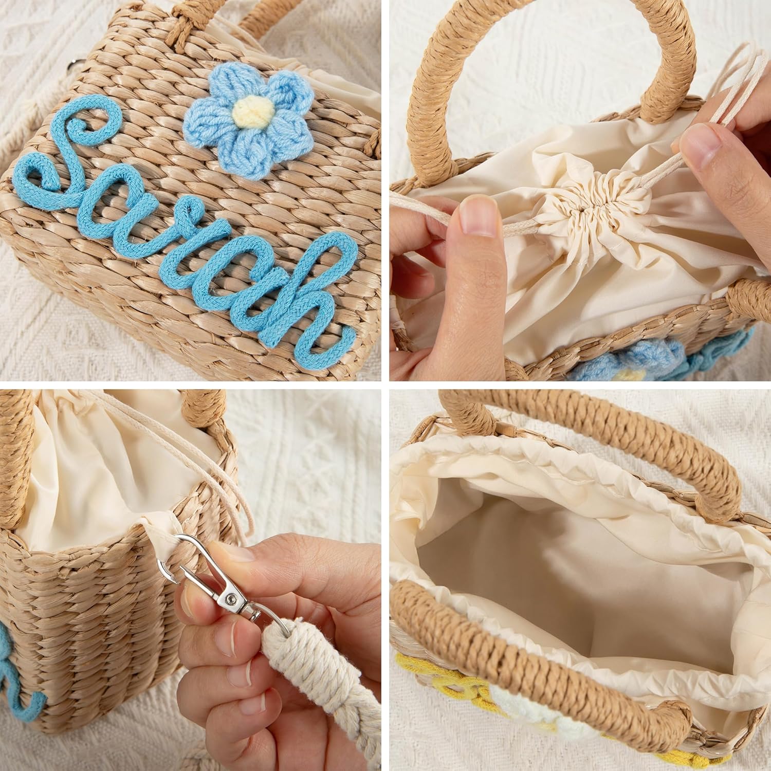 CALLIE Personalized Flower Straw Crossbody Bag for Kids, Handmade Cute Woven Handbag with Name, Shoulder Strap and Drawstring Lining, Travel Beach Vacation Accessory, Summer Birthday Gift for Kids