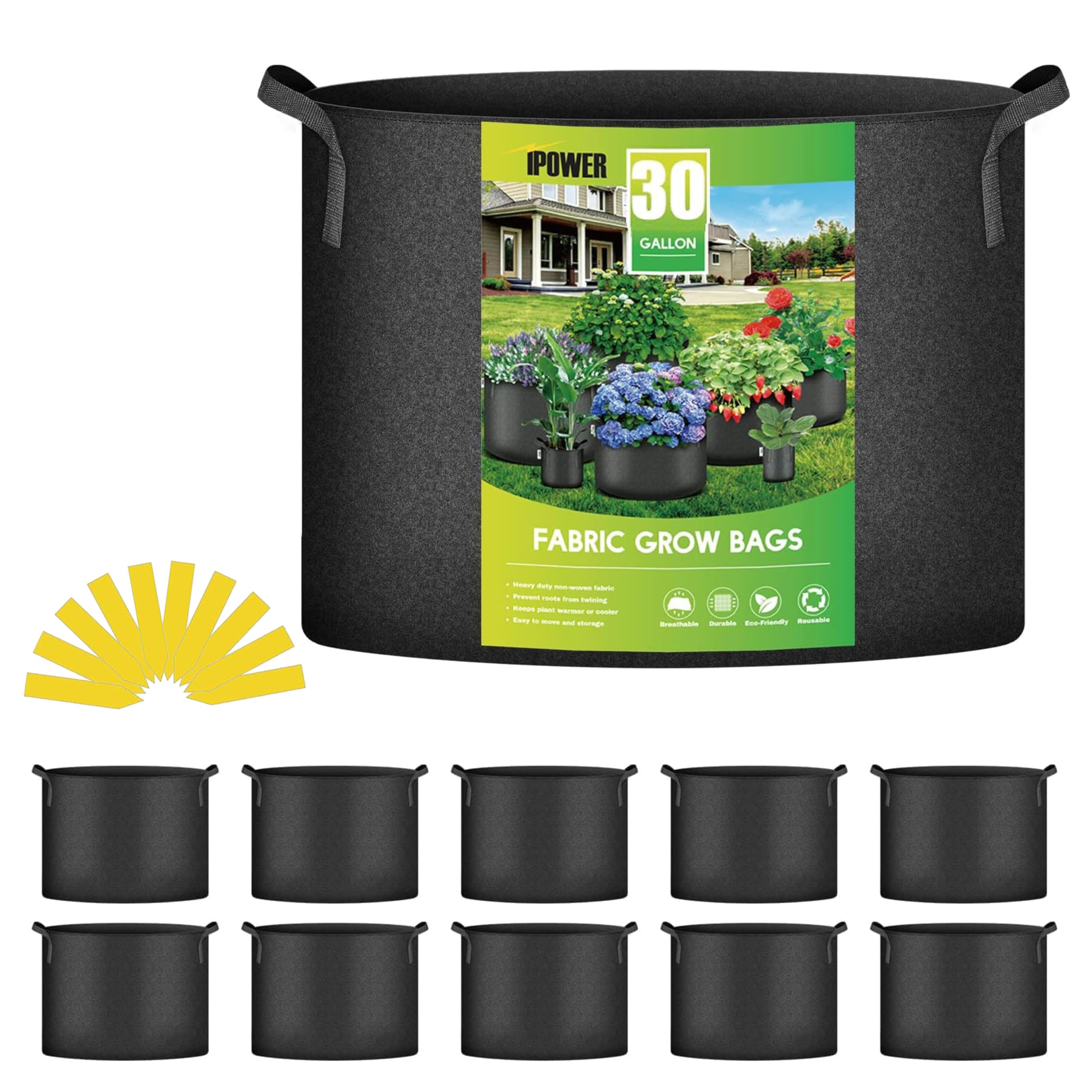 iPower 30 Gallon 10 Pack Thickened Aeration Grow Bags Nonwoven Fabric Pots with Strap Handles Container for Gardening, Black