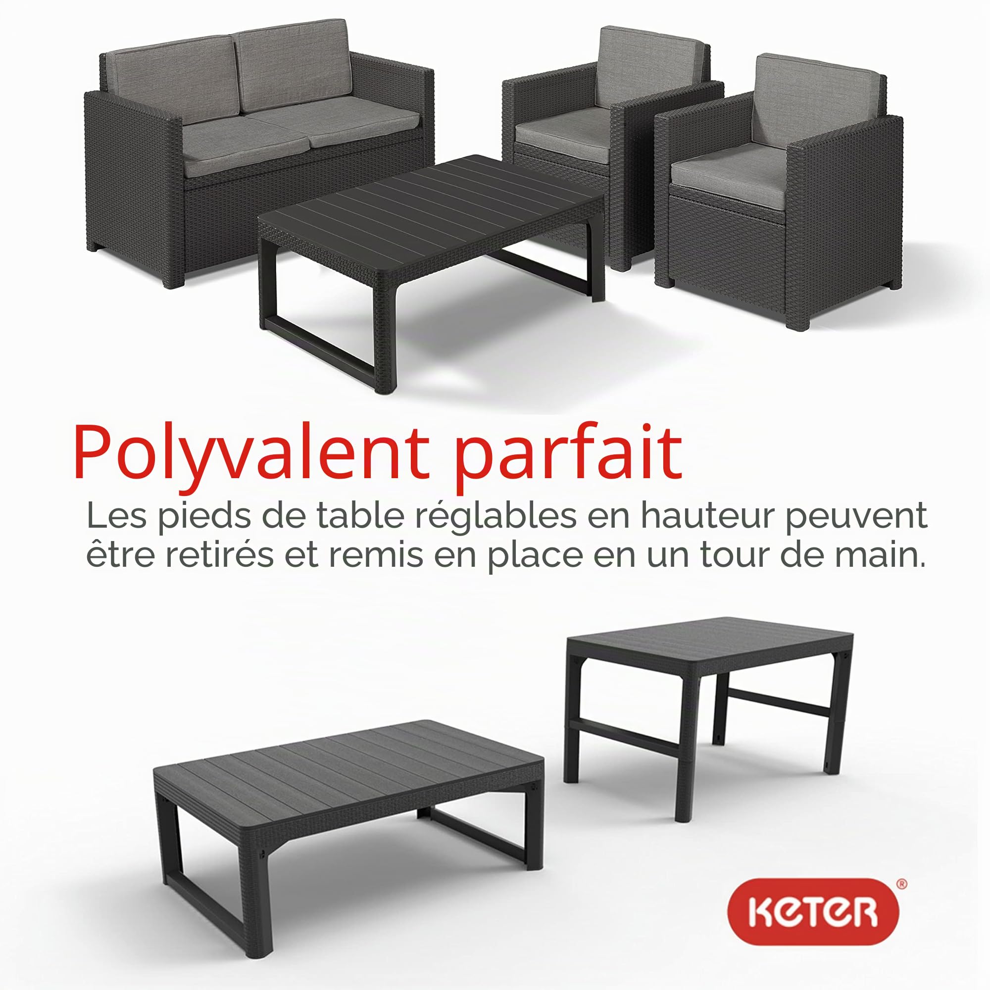 Keter Lyon table de jardin élégante, 2 en 1, résistante aux intempéries, marron, 116 x 71 cm, réglable en hauteur, balcon et terrasse, robuste et durable