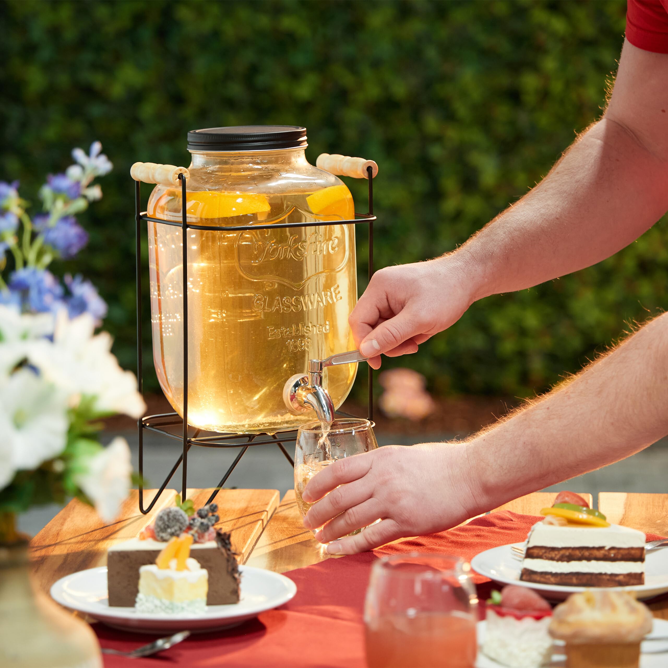 Relaxdays Dispensador Bebidas con Soporte, Recipiente Limonada 5 L, Grifo Acero Inoxidable y Tapa, Cristal, Transparente