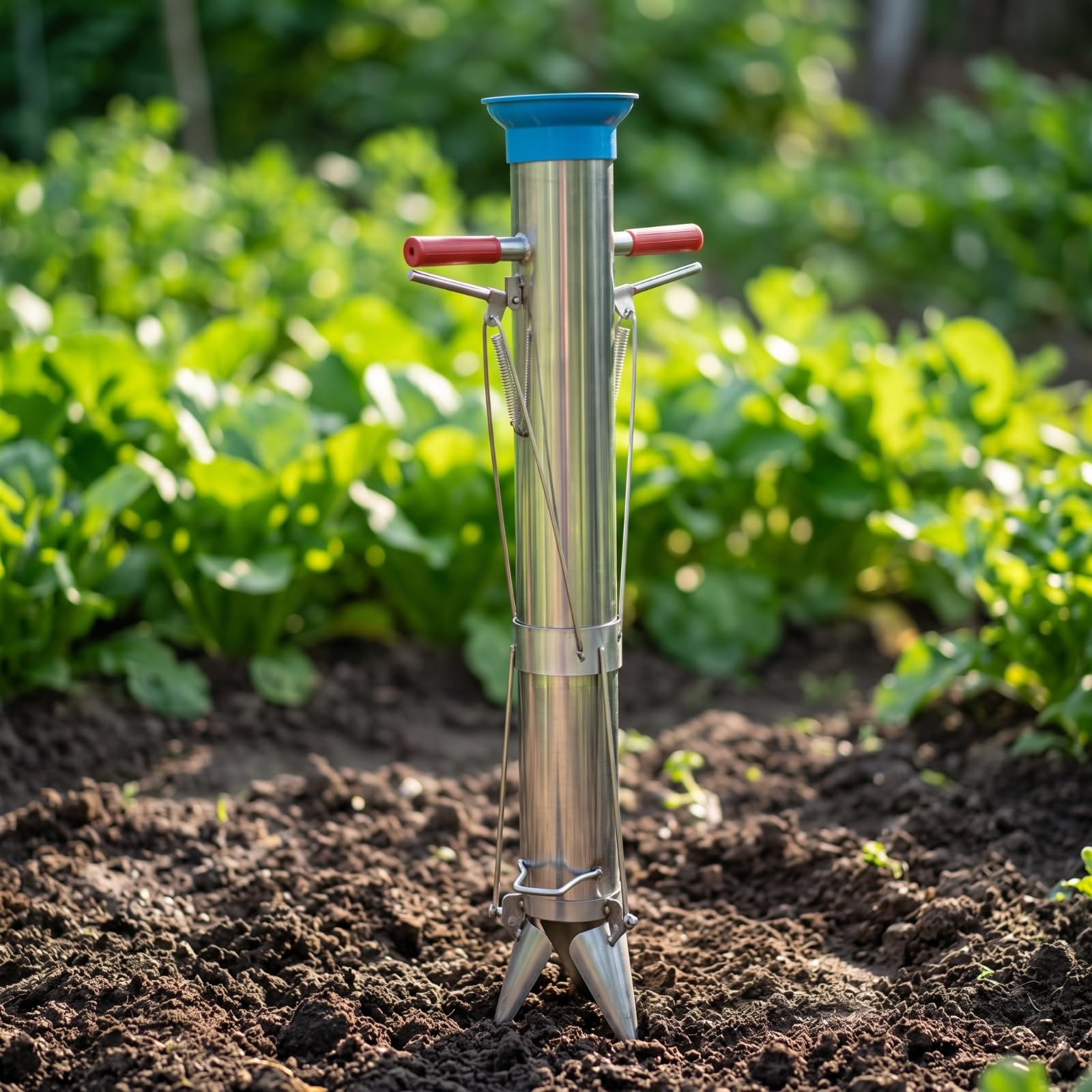 Trasplantador Plantones Metálico Herramienta Trasplante Manual Cómodo Plantador Bulbos para Agricultores, Jardineros, Grande, Acero Inoxidable Engrosado con Doble Mango Y Pedal
