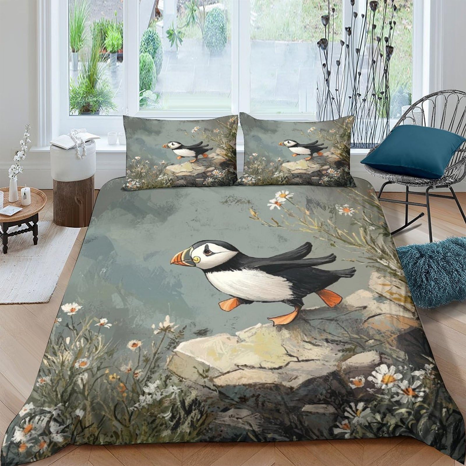 GPLZQXKJNH 3D Printed Puffin Nature Duvet Cover Set Microfiber Soft Breathable Landscape Bedding Set with 2 Pillowcases for Bedroom Decor Single（135x200cm）