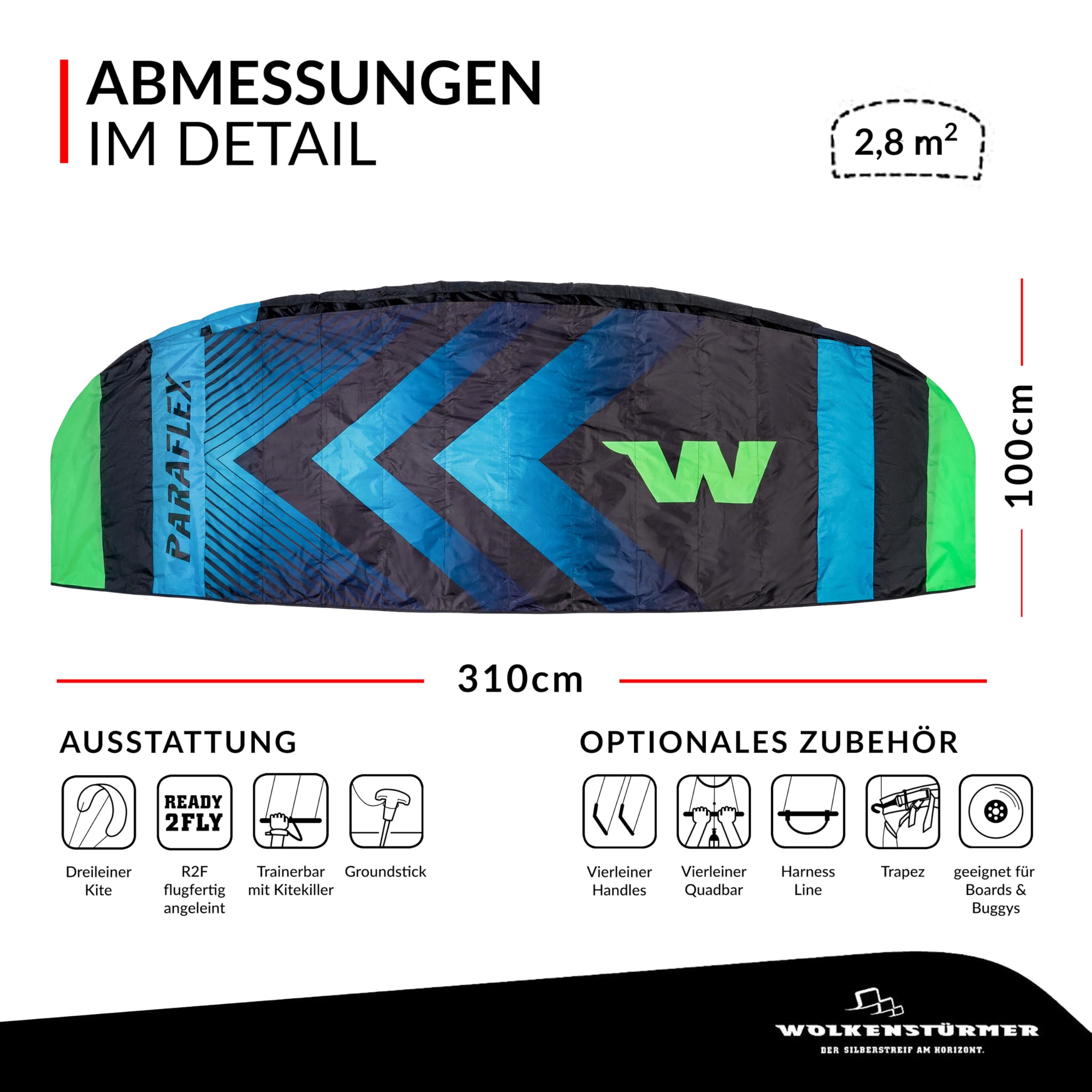 Wolkenstürmer Paraflex Trainer - Alfombra de dirección 3 l 3.1 (Verde/Naranja) - Cometa Lista para Volar 310 cm con Barra de Entrenamiento - Kite & Windtrainer