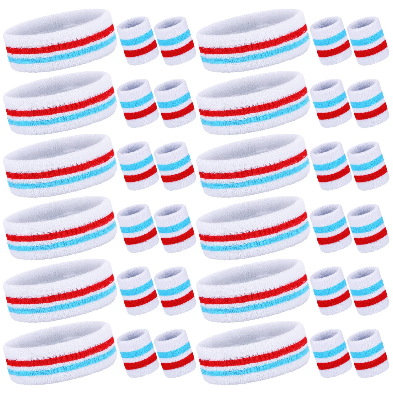 Eurzom 36 Pcs Neon Sports Sweatbands Set Include 12 Striped Sweat Absorbing Headbands 24 Wrist Sweatbands Cotton Wristbands for Men Women Gym Tennis
