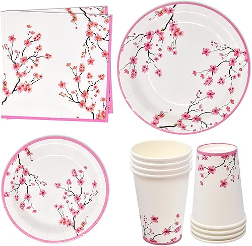Gift Boutique Juego de 96 piezas de suministros de fiesta de flor de cerezo rosa, plato de papel, vaso, servilleta, flores florales de primavera,