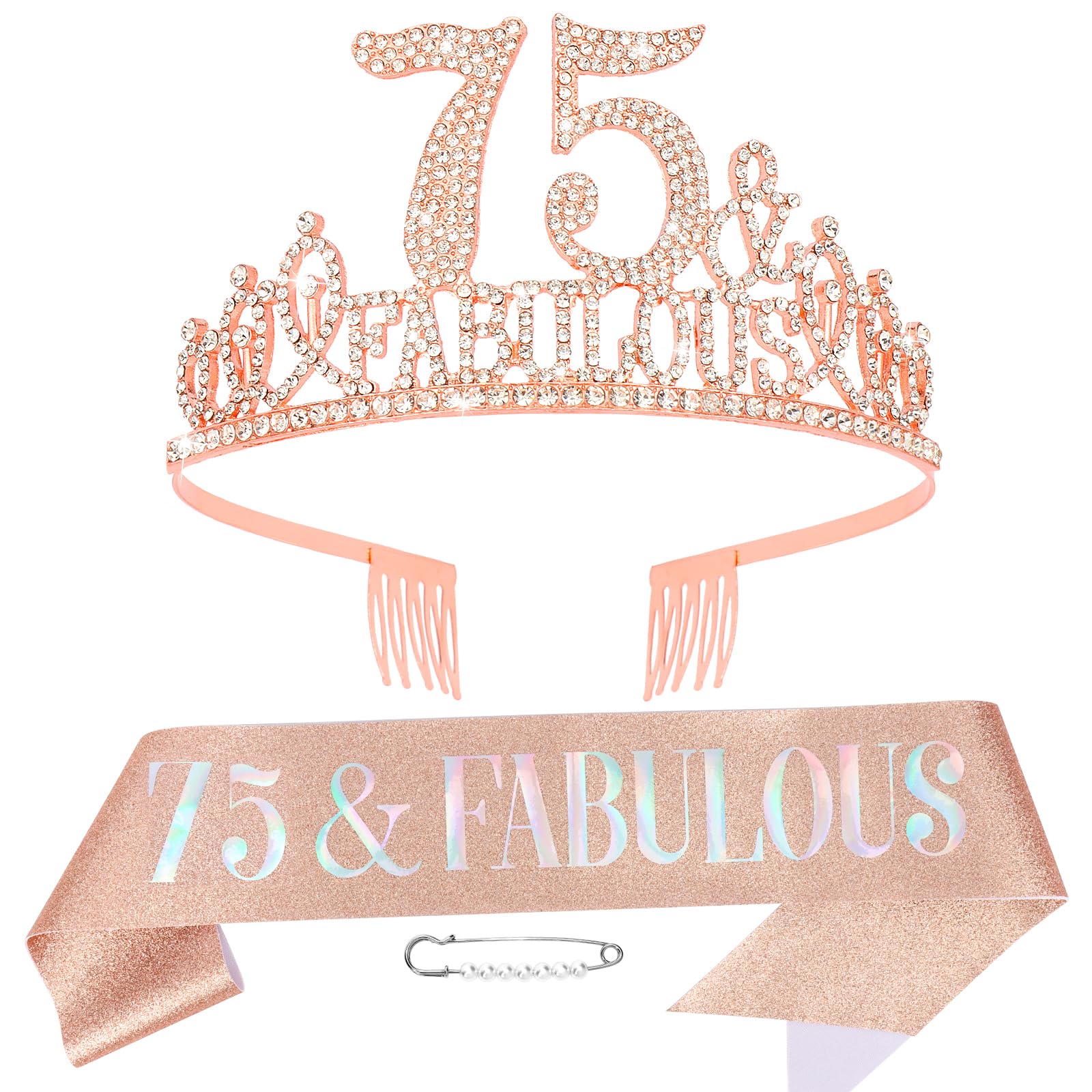 Hapdoo 75th Birthday Decorations for Women, Rose Gold 75th Birthday Decorations Set - 75th Birthday Crown and Sash