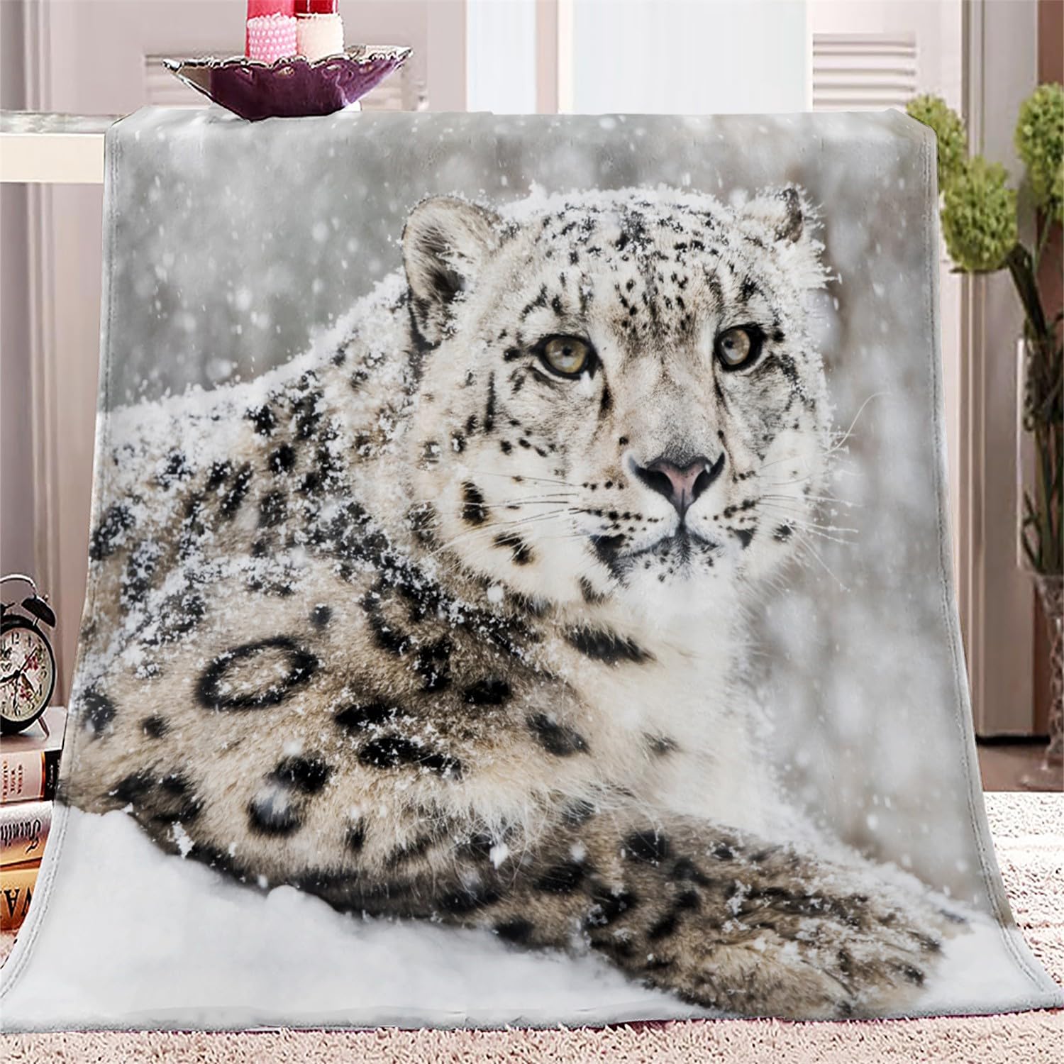 Blanket Throw Animal Snow Leopard Sherpa Fleece Blanket 180 x 200cm Fluffy Soft Warm 3D Printed Flannel Blankets Bedspread for Bed Sofa Settees Couch Chair Office