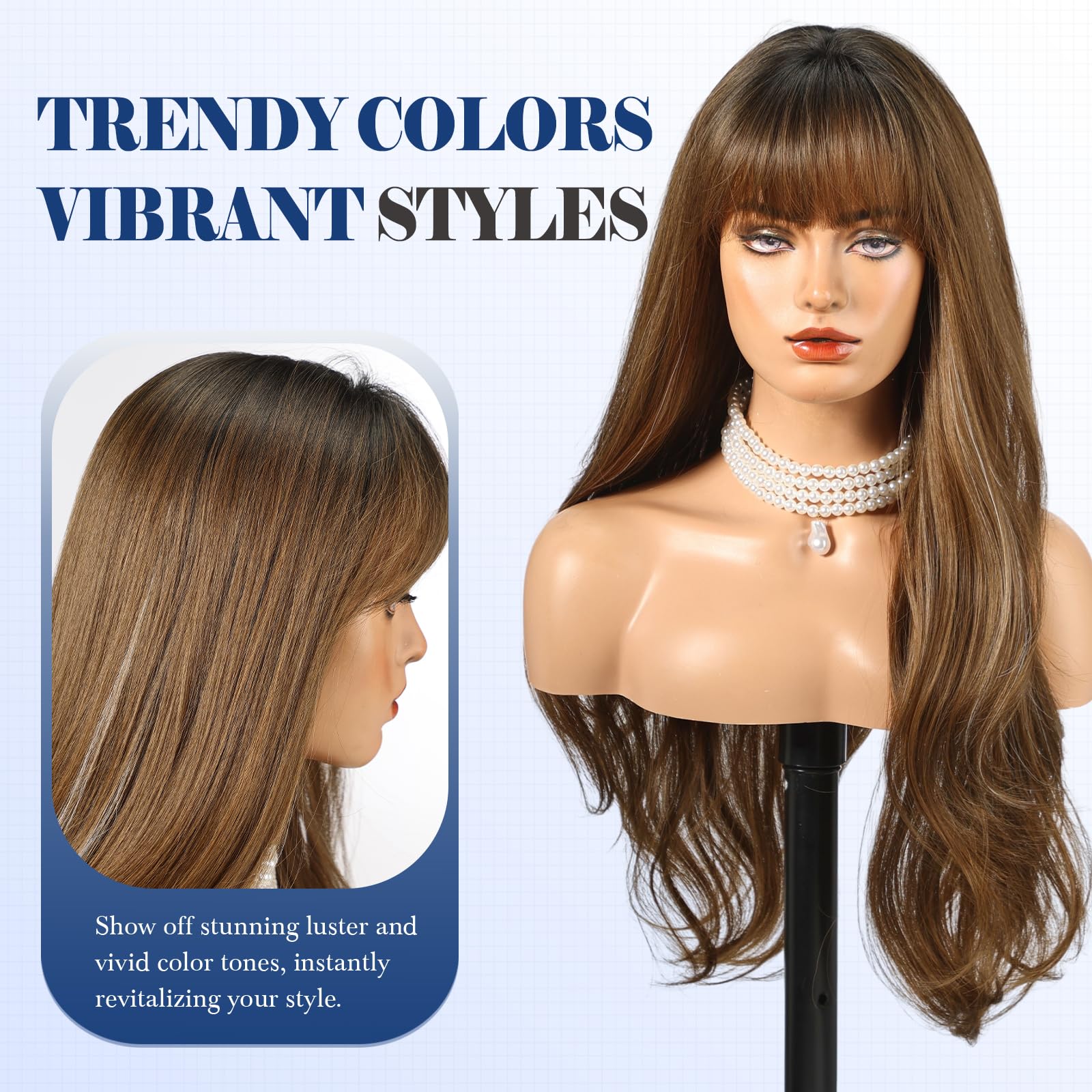 HAIRCUBE Long Ombre Brown con Highlight Parrucca con Bangs Perrucche ricce a strati per donne Parrucche sintetiche naturali per uso quotidiano (pelucas de cabello naturale)
