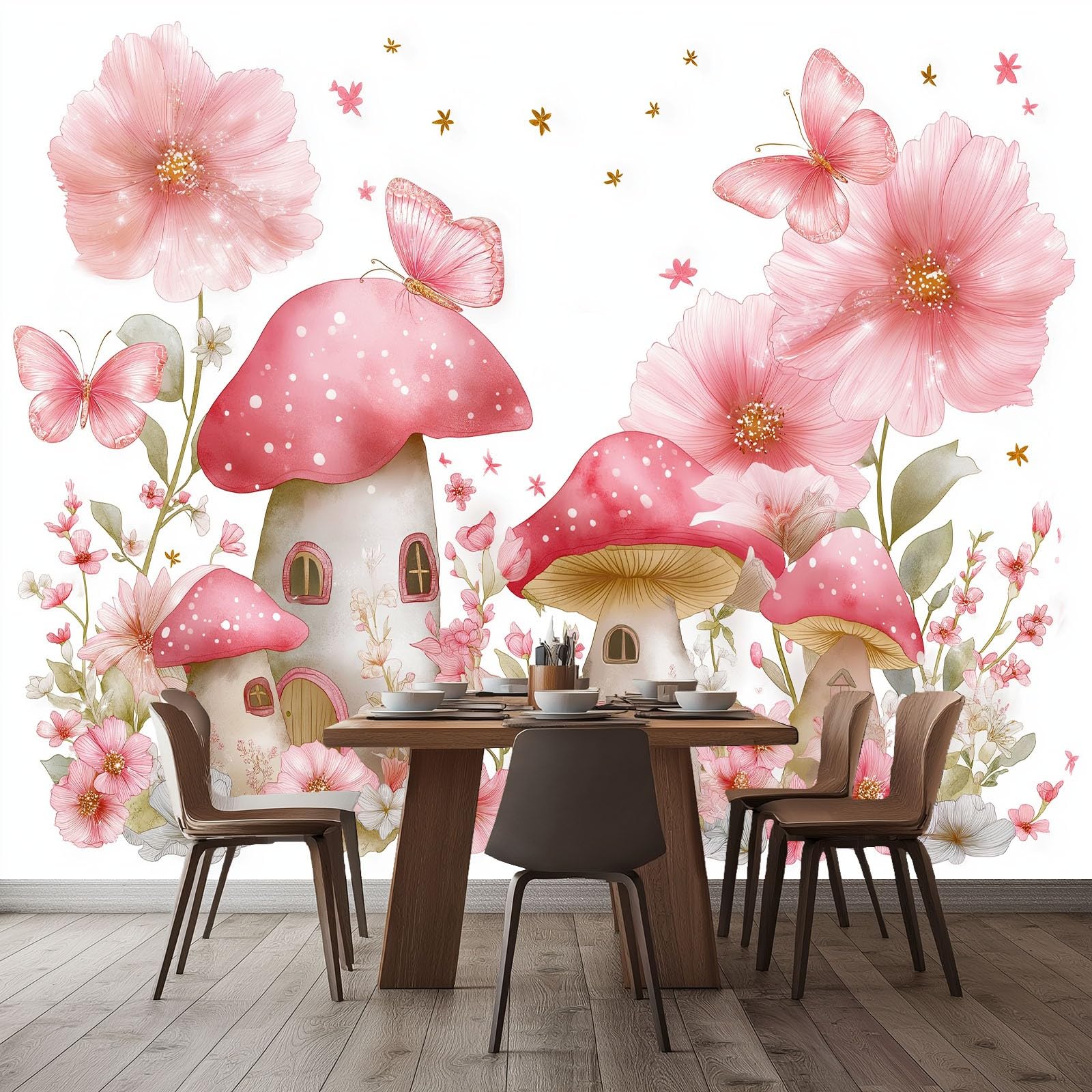 Tapeta dziecięca Kreskówka Kwiaty Mural Motyl Grzyb Domek 250 x 175 cm Włóknina Fototapety Dla Chłopca Dziewczyny-Nowoczesna Różowa Dekoracja Ścienna Do Salonu Sypialni