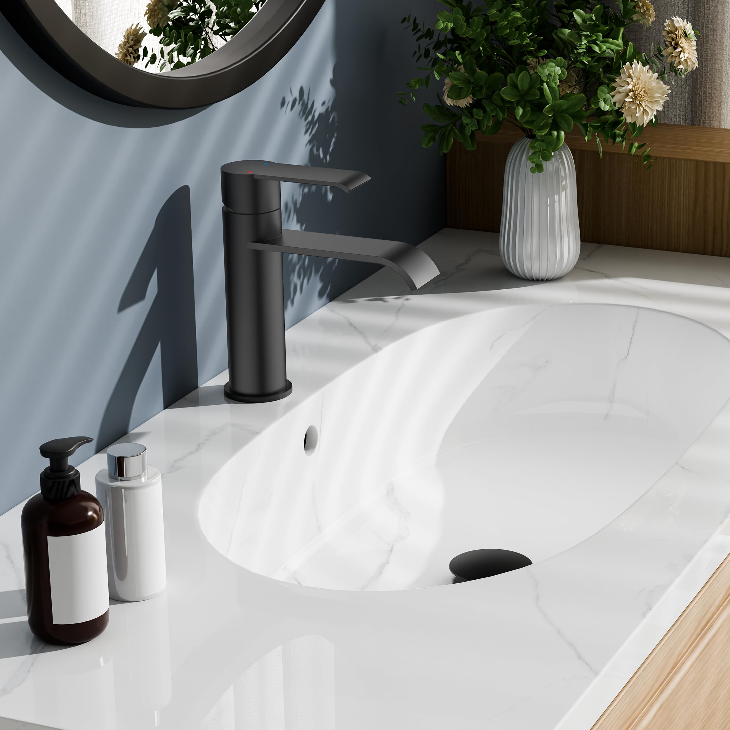 FORIOUS Rubinetto Bagno Lavabo Nero con Piletta, Miscelatore Monocomando, Rubinetto a Cascata con Altezza Beccuccio 98MM, Design Moderno