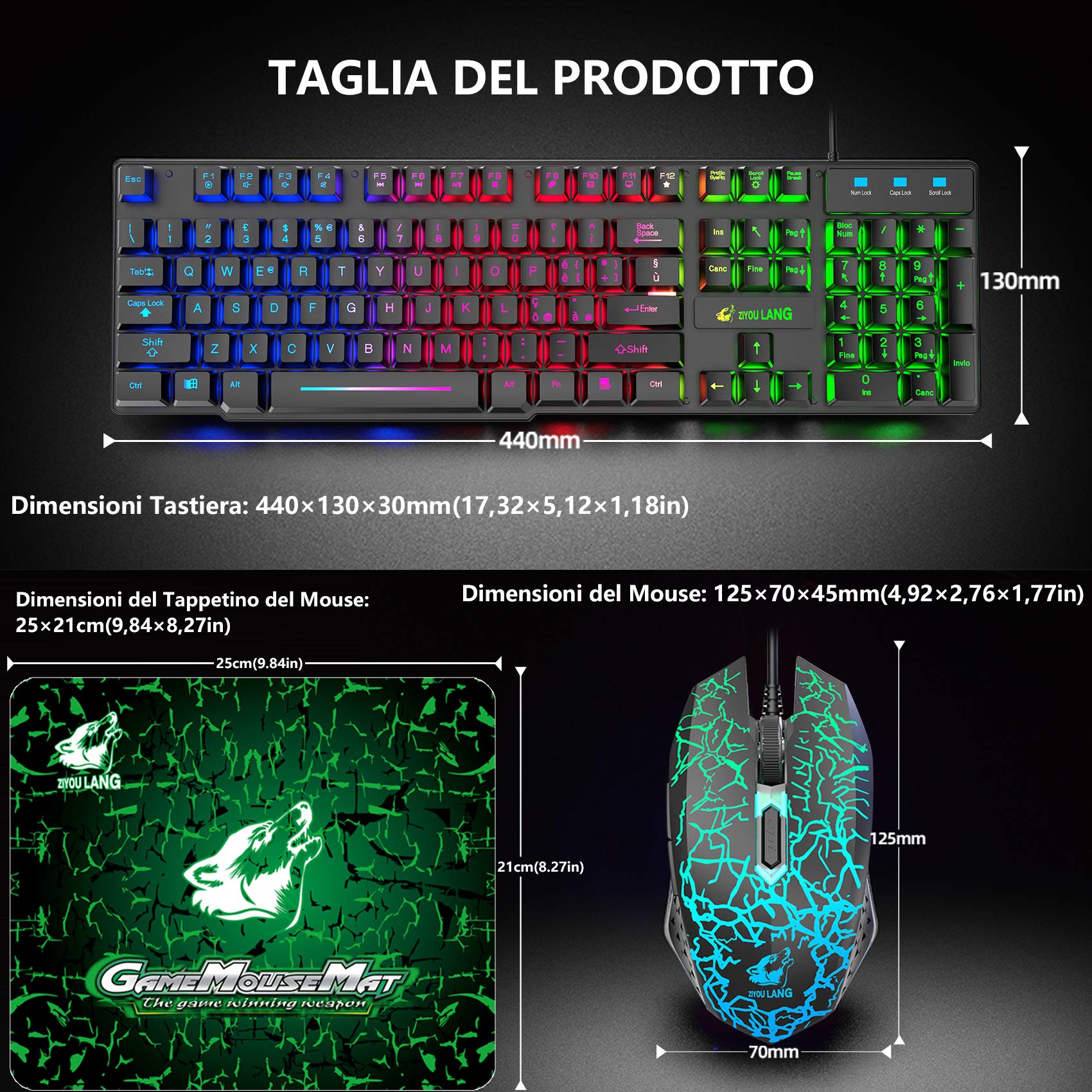 Gaming Tastatur Und Maus Set, Italienisches Layout Regenbogen LED Hintergrundbeleuchtung Ergonomische Keyboard 6 Tasten 2400 DPI Maus und Mauspad, USB Verkabelt, Kompatibel mit PS4 Xbox, Schwarz