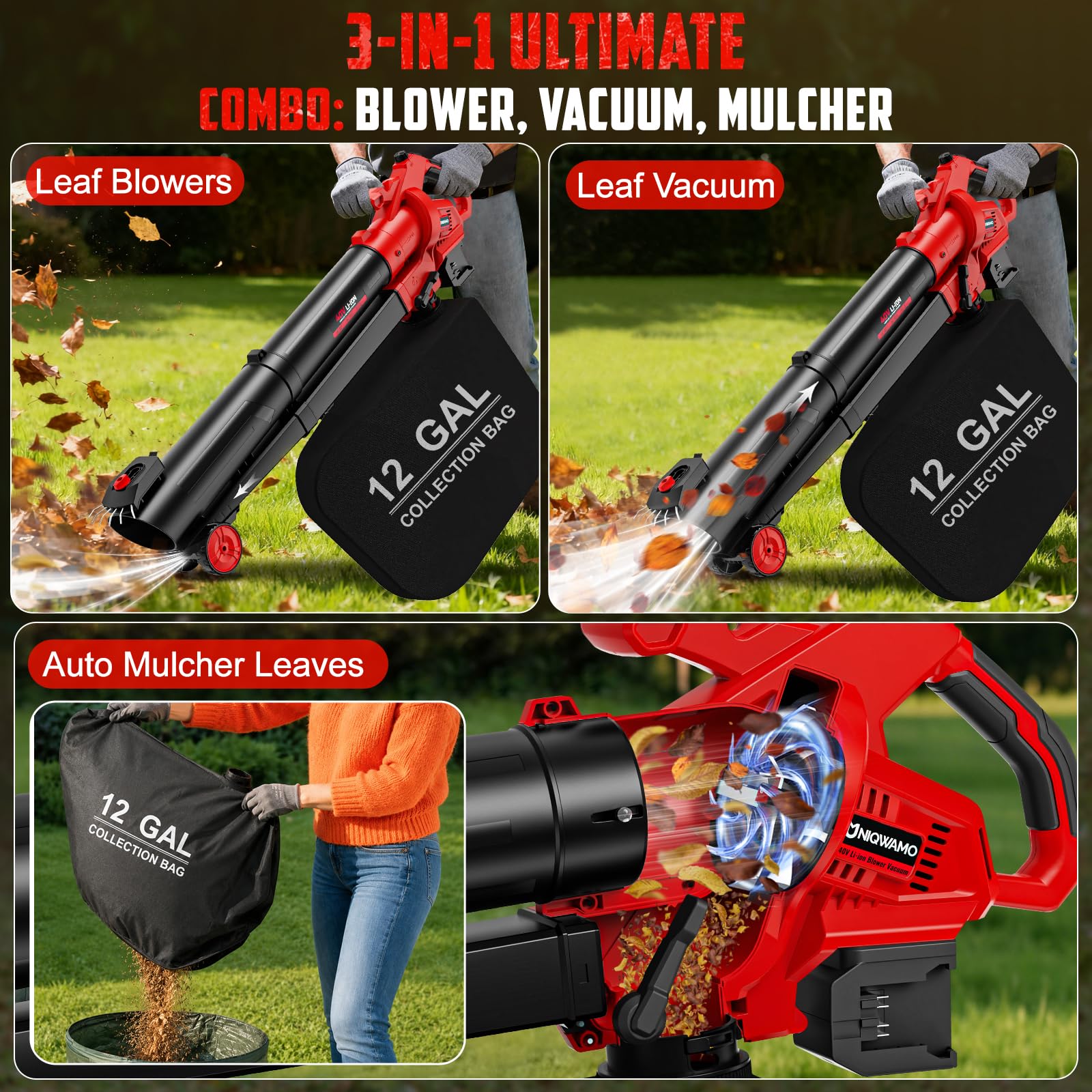 Aspirateur à feuilles sans fil 3 en 1 avec sac compatible avec batterie