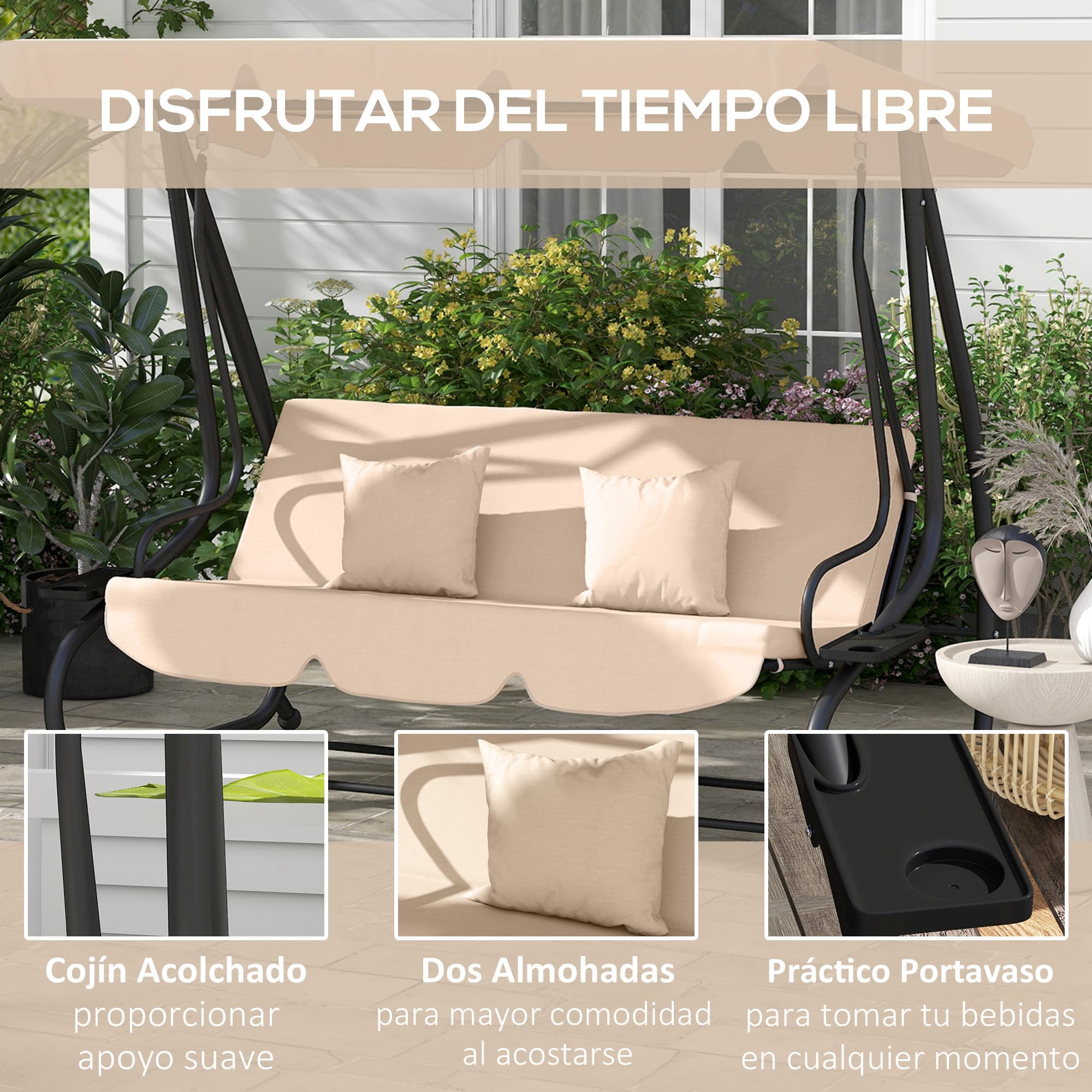 Outsunny Balancín de Jardín Exterior de 3 Plazas Columpio de Jardín Exterior Convertible en Cama 2 en 1 con Toldo Ajustable Soportes Laterales y 2 Almohadas Carga 340 kg 200x120x164 cm Arena
