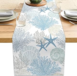 Linen Coastal Table Runner 13x71 Inch Blue Teal Summer Beach Nautical Ta...