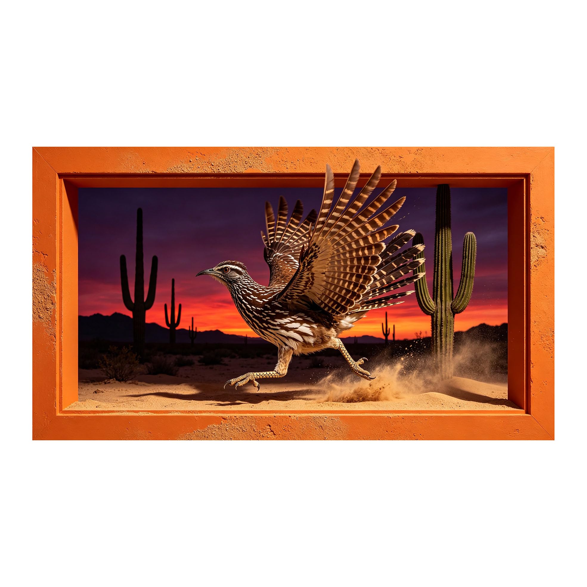 Yzpallescene 3D Framed Wall Art 50cm×100cm Desert Roadrunner Sunset Saguaro Cactus Southwestern Realistic Large Size SelfAdhesive Removable Wall Decor Prints Artwork for Living Room Bedroom Office