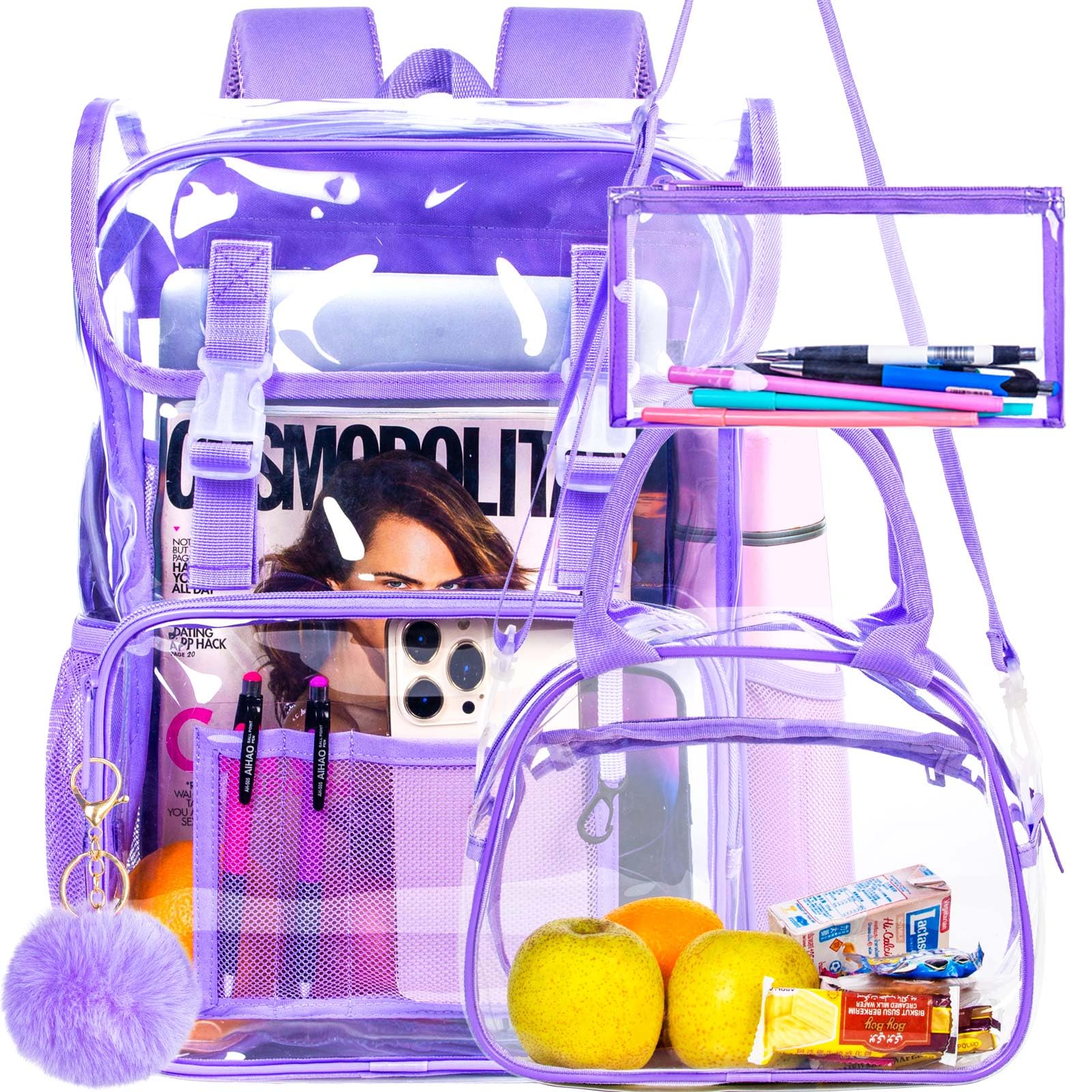 ZLYERT 17" Flip Top Clear Backpack for Girls, 3Pcs Stadium Approved Set, Heavy Duty Transparent Bookbag for Gym/School (Purple)