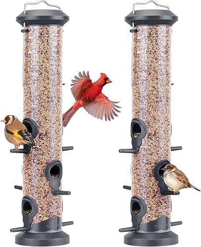 Kingsyard Paquete de 2 comederos de tubo para colgar al aire libre, comedero de plástico duro de alta calidad con 6 puertos de alimentación,