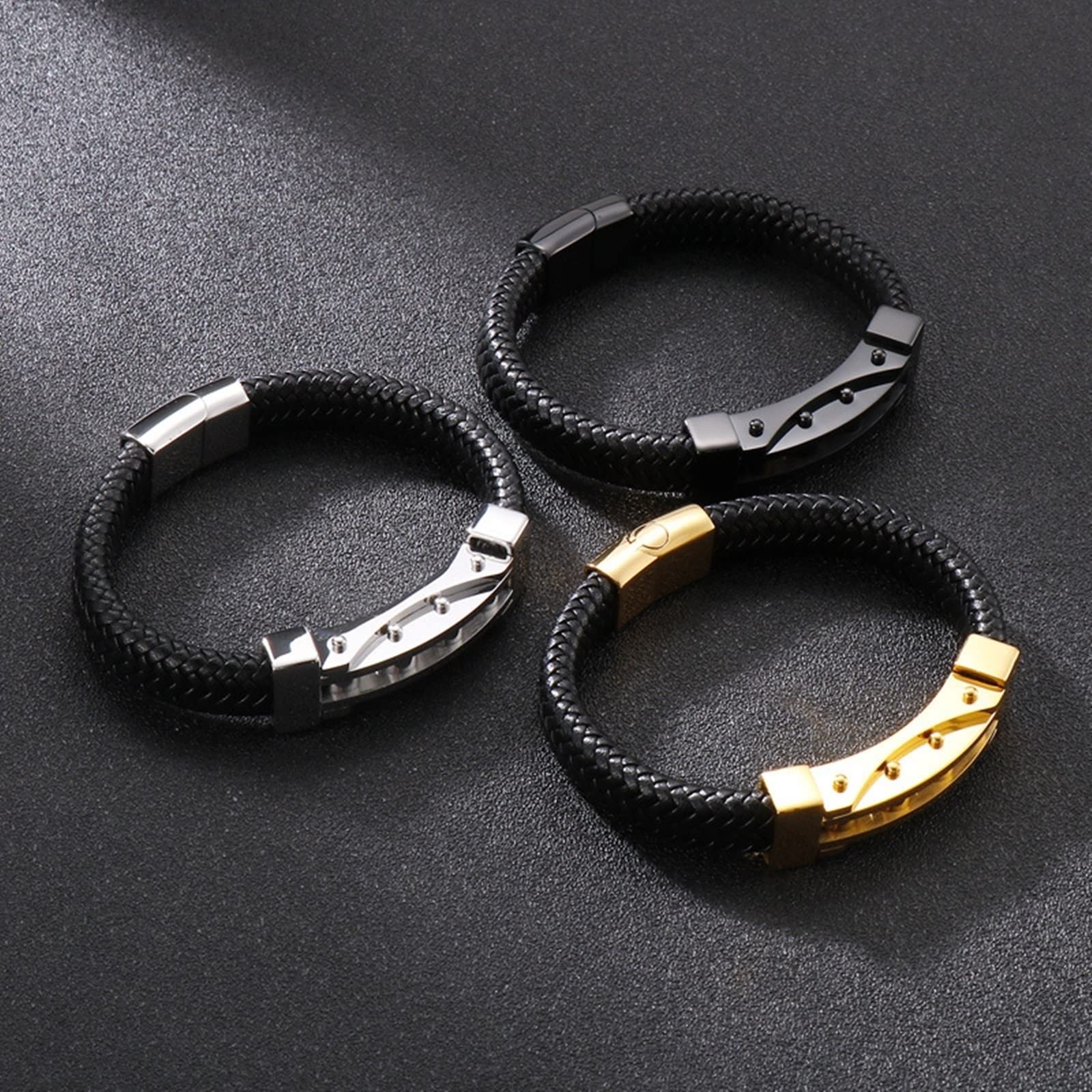 Bracelet Cuir Large Homme, Bracelet St Valentin Acier Inoxydable Cuir Tressage de Panier Chaîne de Moto Simple Engagement Cadeau Bijoux Homme