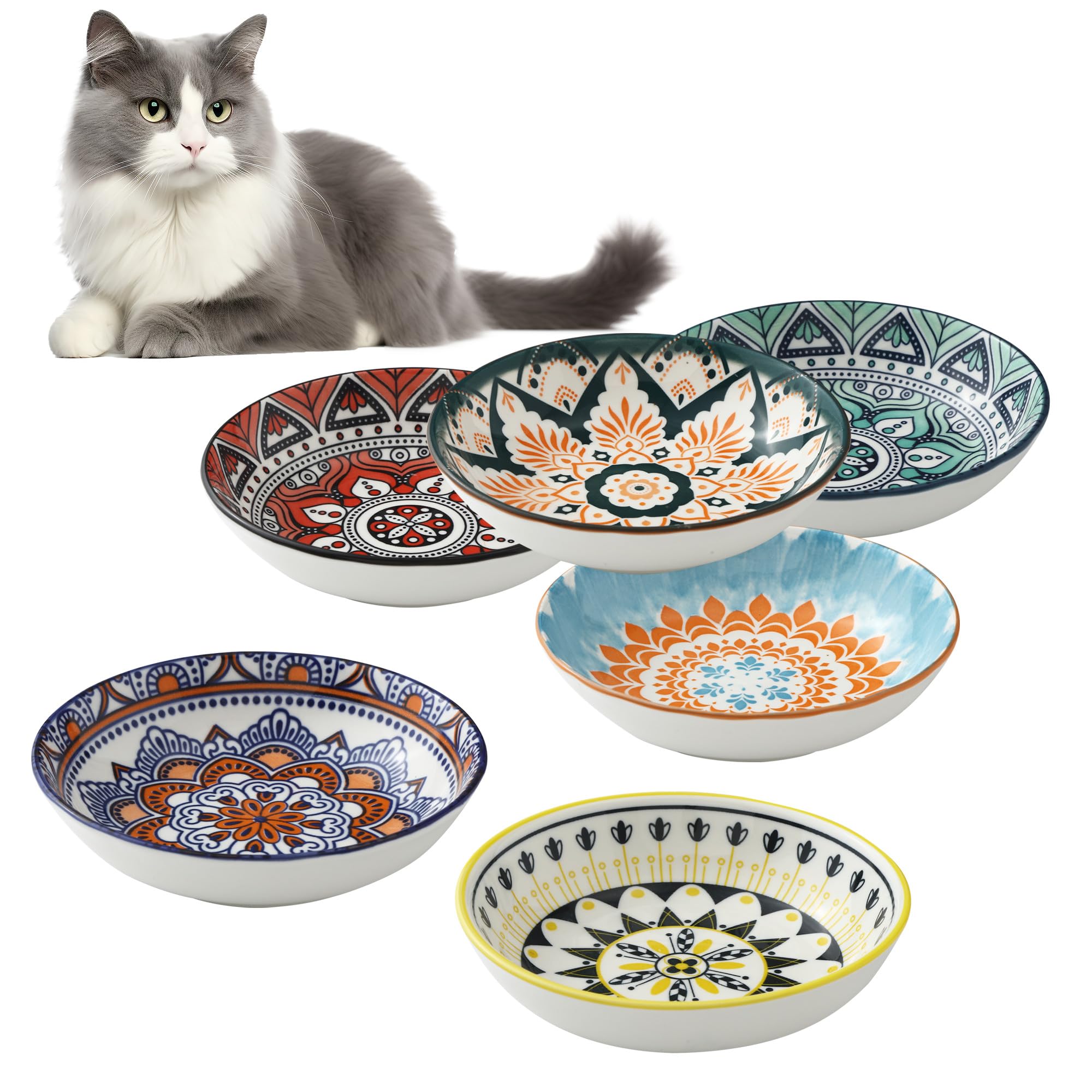 Cuencos para gatos, comedero gato plano, set de 6 coloridos comedero gatos. comedero gato ceramica, 5.5" cuenco gato, apto para agua, comida seca, comida humeda.