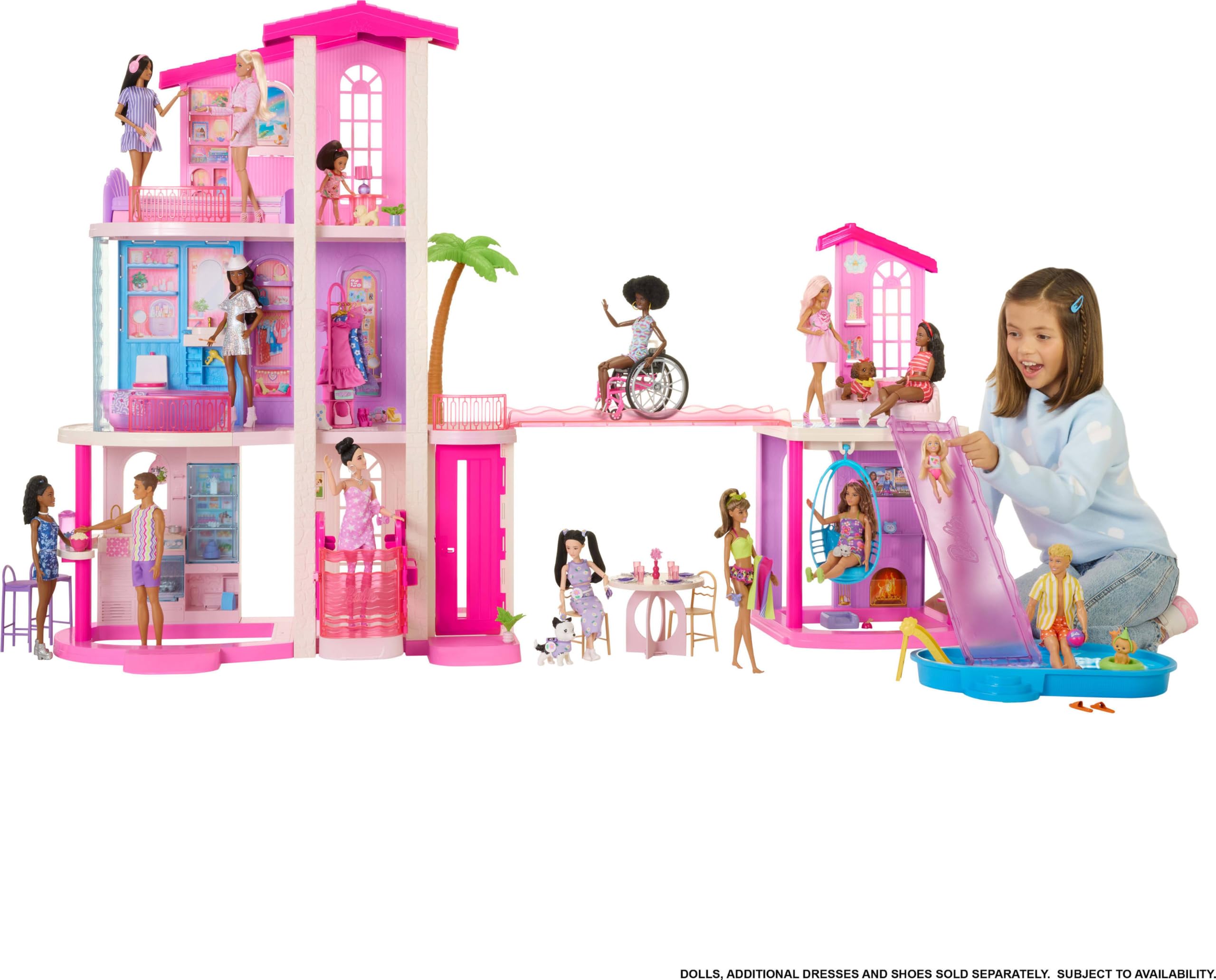 Barbie Dreamhouse Domek dla lalek | 2 baseny, 2 zjeżdżalnie, winda, 9 stref zabawy, 2 domy, 65+ elementów z meblami i akcesoriami, JKG84