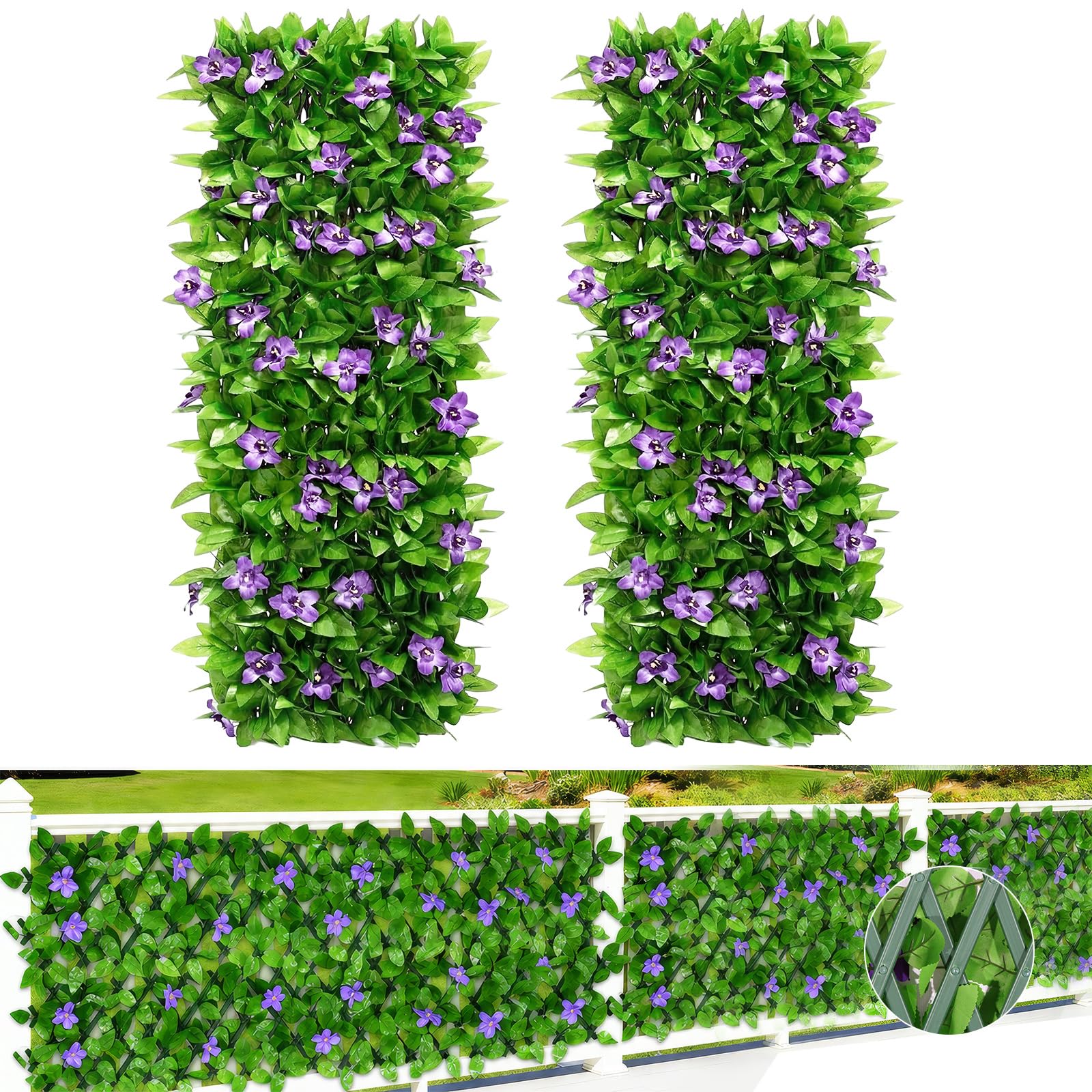 2Pcs Garden Trellis with Flowers, (40x20cm to 28x200cm) Expanding Artificial Trellis Leaf Flower Garden Screening Fence Ivy, Expandable Trellis Screening with Violet Flower for Garden Balcony Decor — image 1