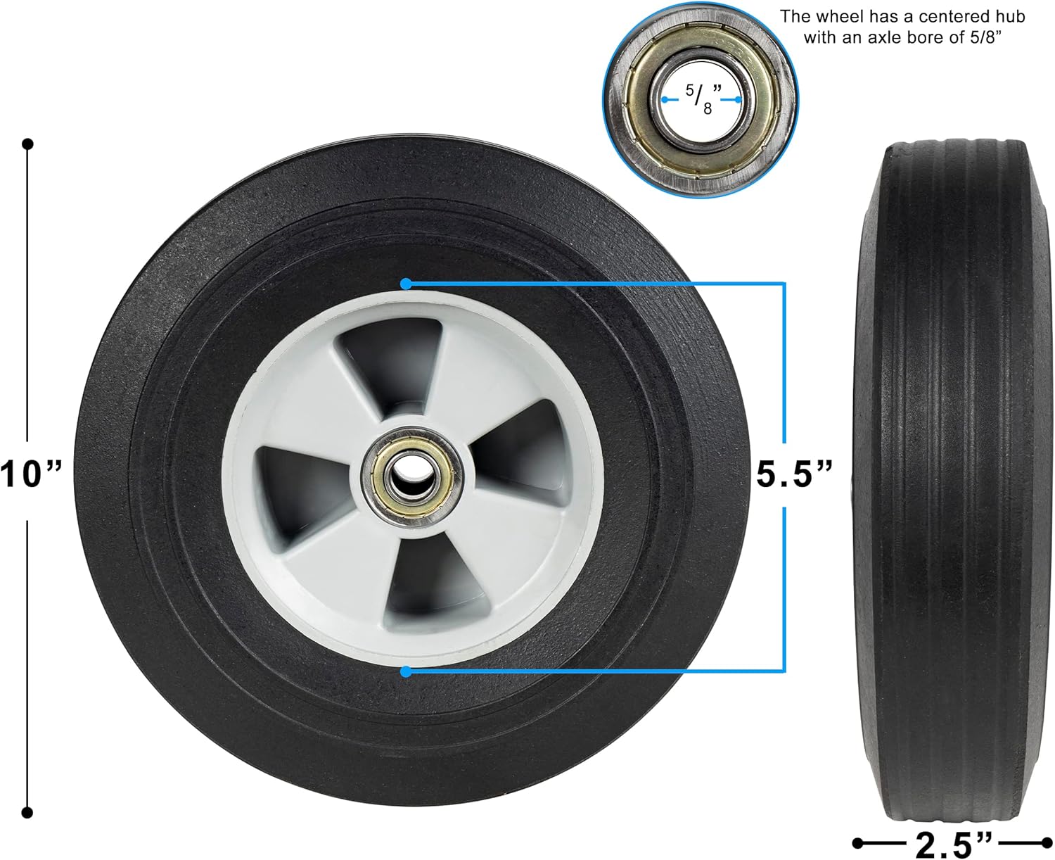 Vergo Solid Rubber Wheels 2-Pack Heavy Duty Flat Free Dolly Replacement Wheels - Threaded Rubber Tires Hand Truck Tires 10" x 2.5" with 5/8" Axle Bore Hole, Centered Hub