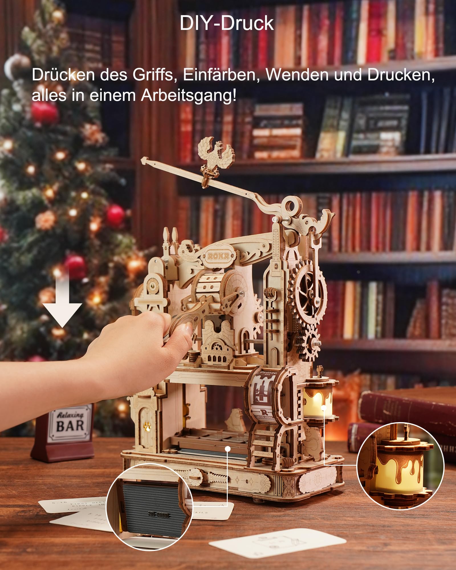 ROKR 3D Puzzle Holz Holzpuzzle Erwachsene 3D, Klassische Druckmaschine Holzmodelle Bausätze, Mechanische Getriebe, Classic Printing Press