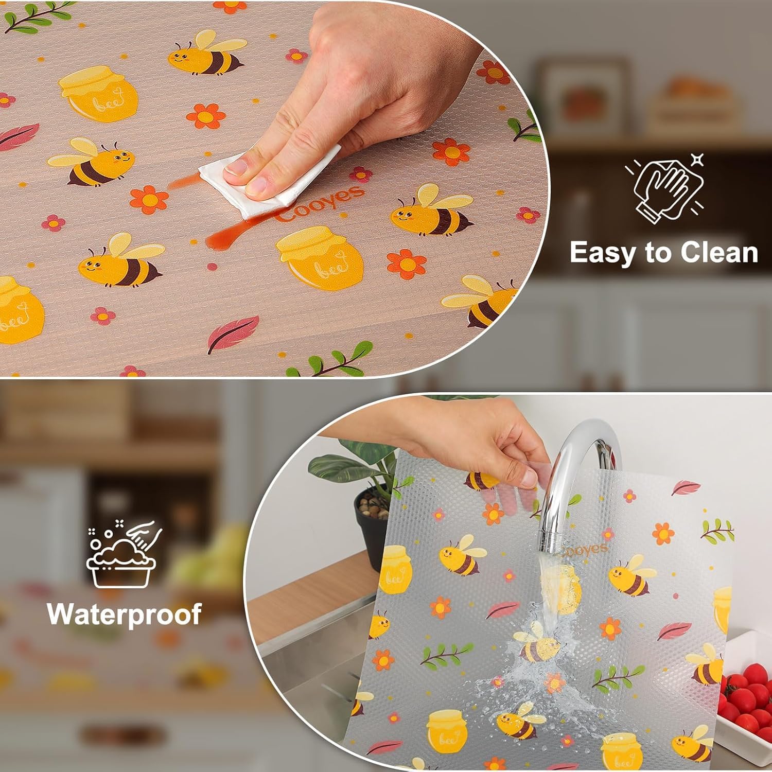 VYATIRANG Multipurpose Transparent Fridge Mat, Waterproof Anti-Skid Shelf Liner Roll, Refrigerator Drawer Cabinet Mat, Washable & Cuttable, Cupboards Mats Sheet, Oil-Proof (45x300CM Honey bee Design) 4