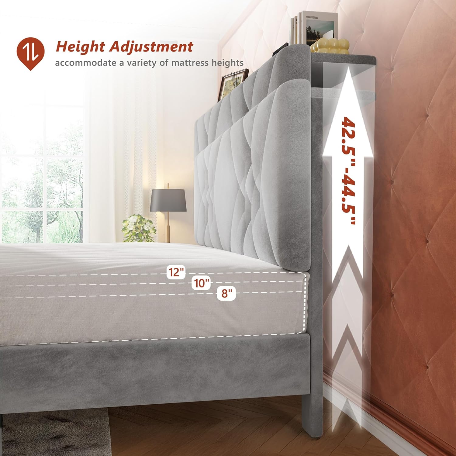 EnHomee Queen Bed Frame with 2 Storage Drawers and Headboard, Velvet Platform Bed Frame with LED Lights and Charging Station, Upholstered Adjustable Headboard, No Box Spring Needed, Noise-Free, Grey Queen Grey