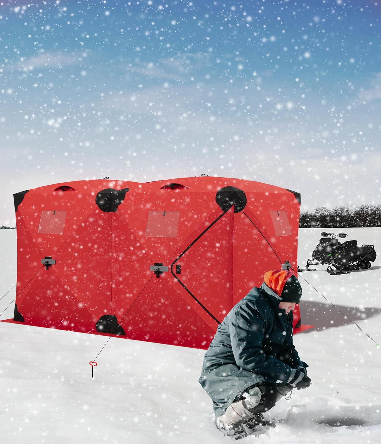Portable Pop Up Ice Fishing Shelter 140"x70"x79" Ice Fishing Tent Insulated Hub-Style Shelter with Waterproof Oxford Fabric, Includes Anchors, Ropes & Carry Bag for 2 to 4 Persons, Red