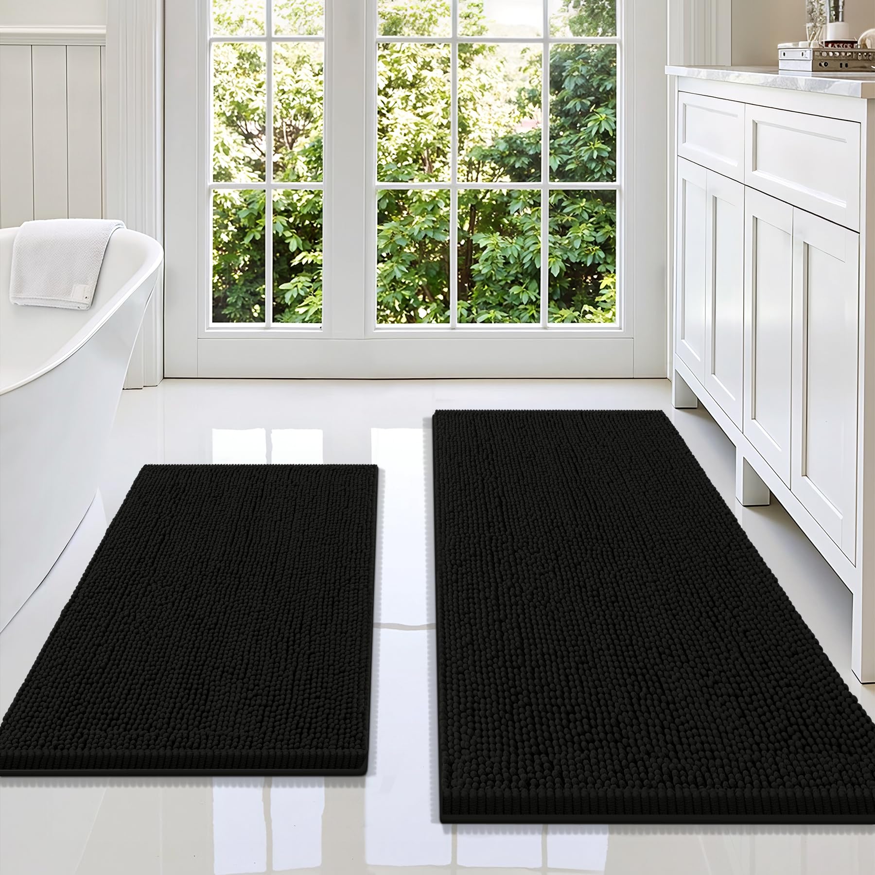 Photo 1 of Smiry Bathroom Rugs Sets 2 Piece, Soft Absorbent Chenille Machine Washable Non Slip Shaggy Bath Rug Set for Tub, Shower, and Floor (47x20+30x20, Black)